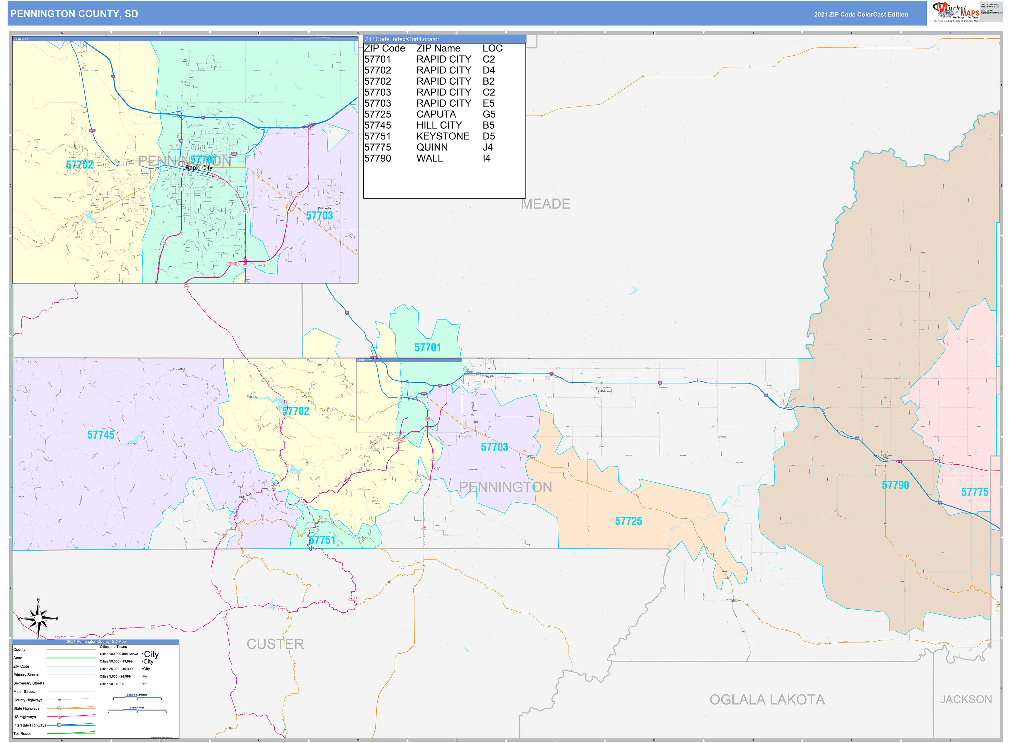Pennington County, SD Wall Map Color Cast Style by MarketMAPS