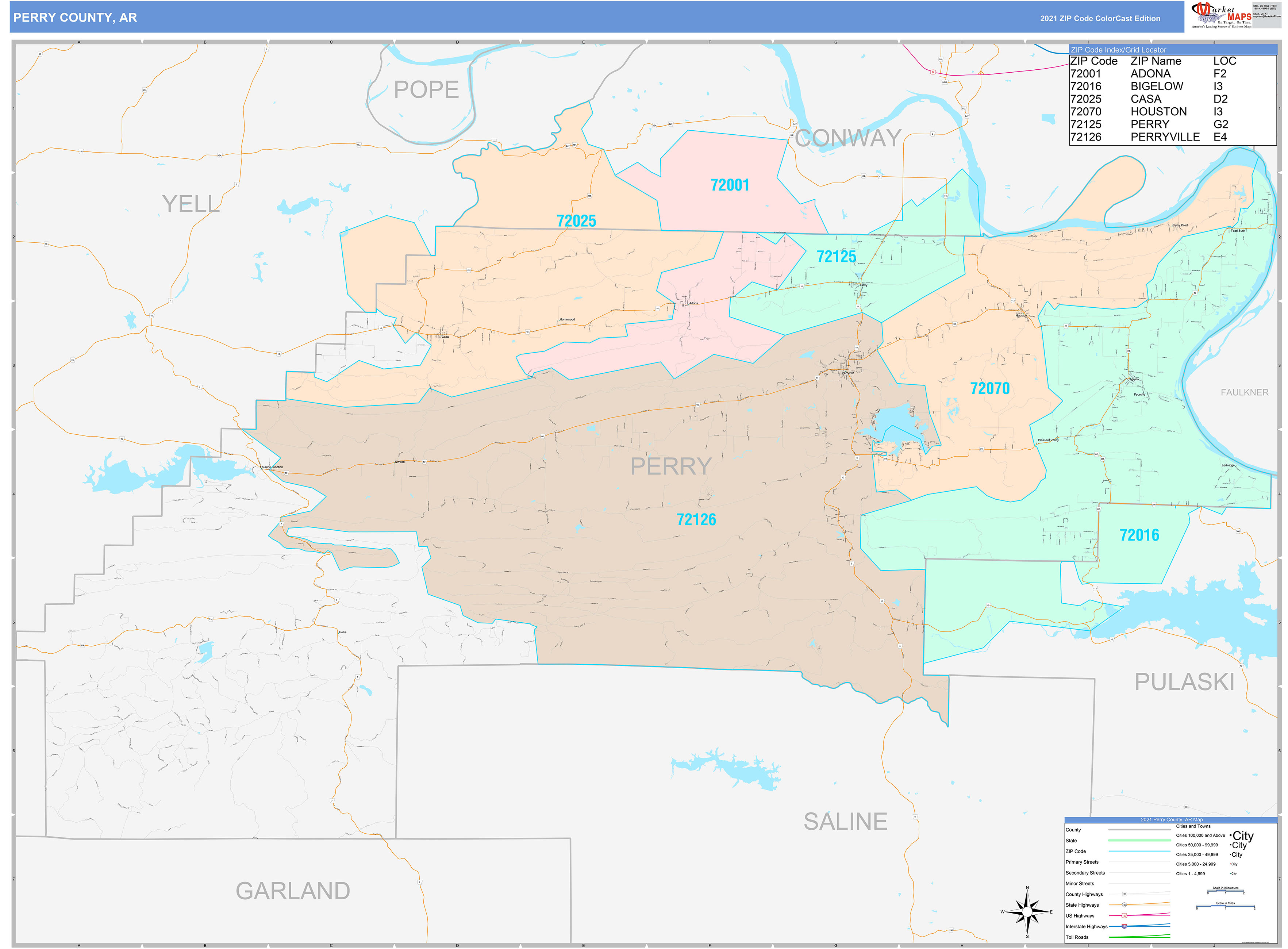 Perry County, Ar Wall Map Color Cast Style By Marketmaps - Mapsales