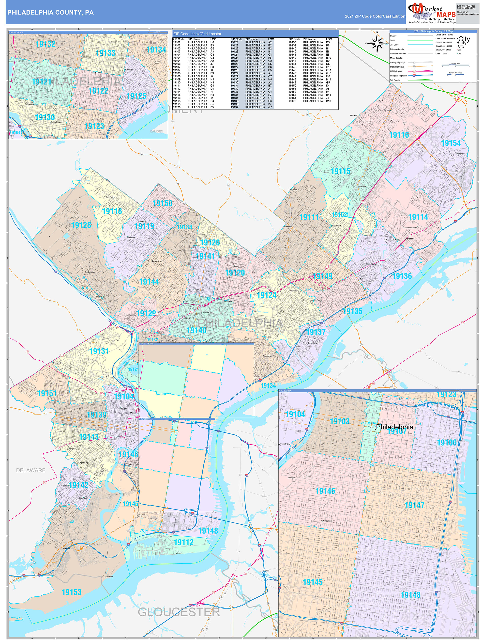 Philadelphia County PA Wall Map Color Cast Style by MarketMAPS MapSales