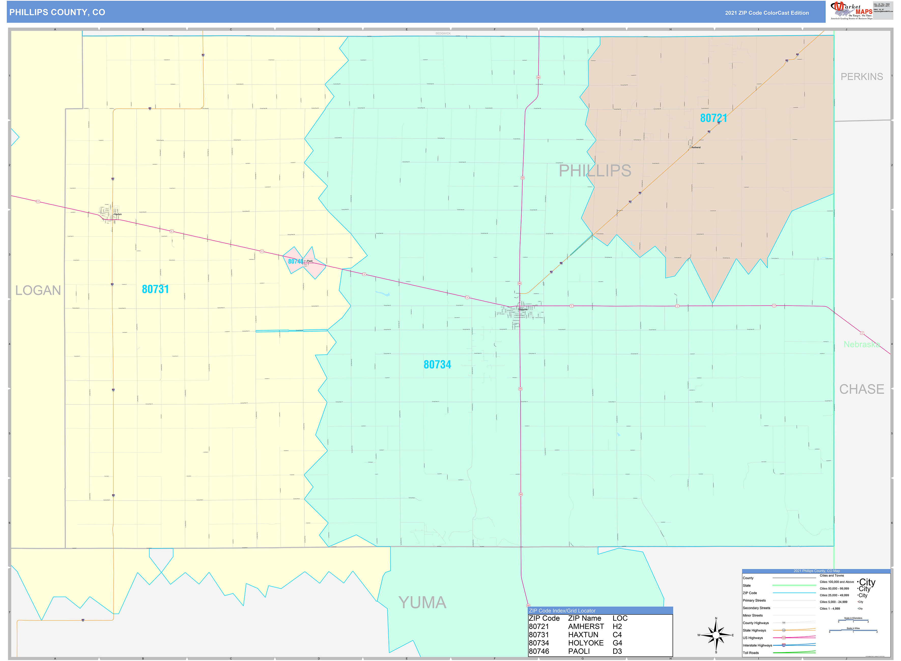 Phillips County, CO Wall Map Color Cast Style by MarketMAPS - MapSales