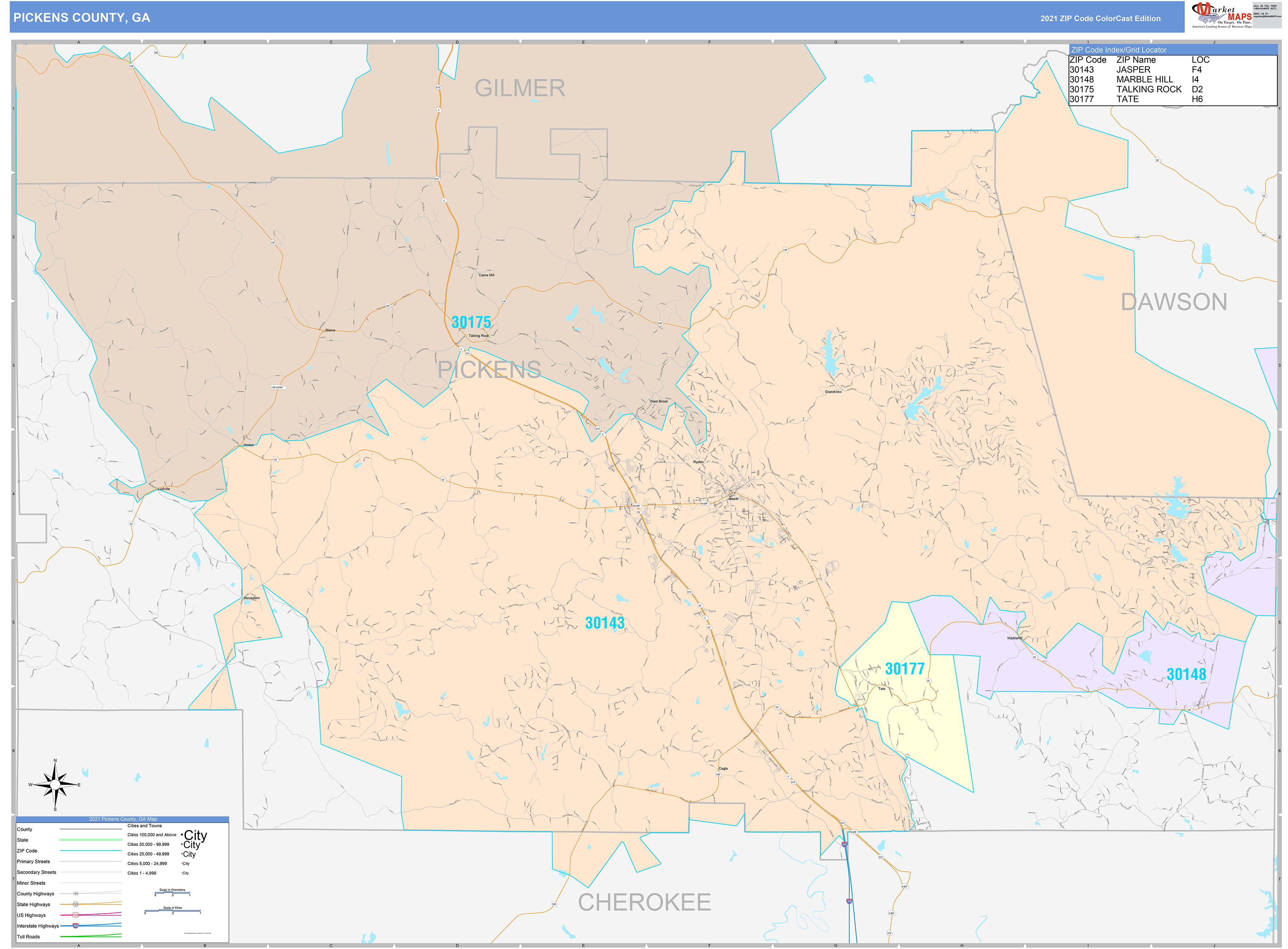 Pickens County, GA Wall Map Color Cast Style by MarketMAPS