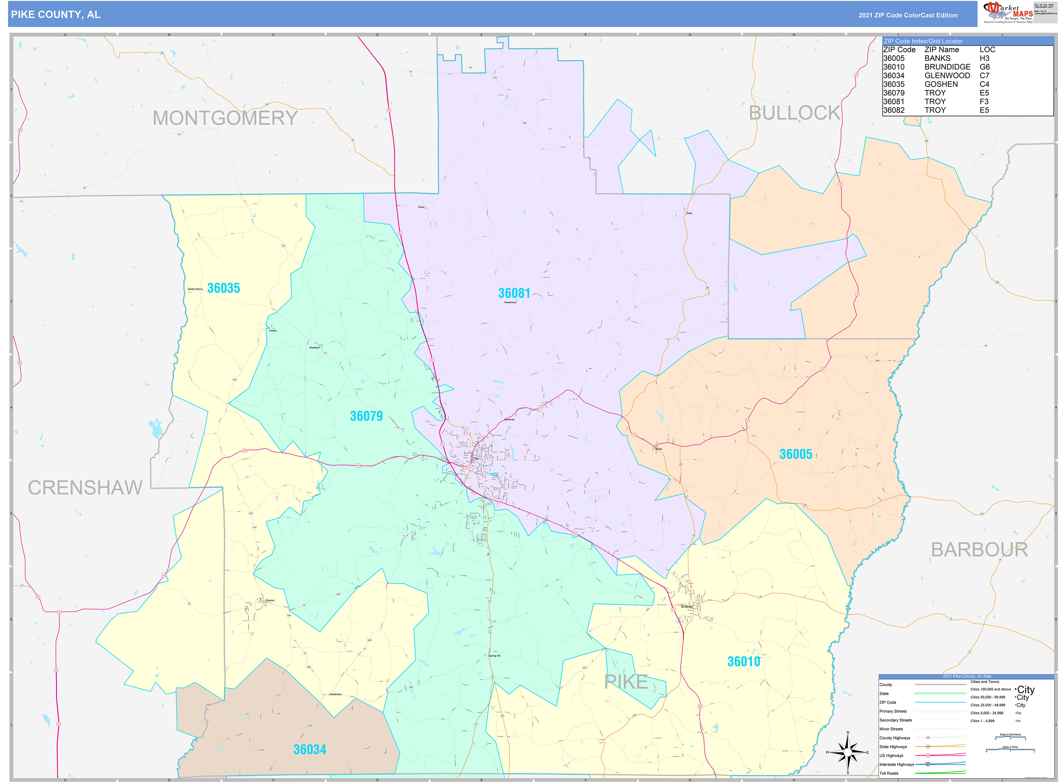 Pike County, AL Wall Map Color Cast Style by MarketMAPS - MapSales.com