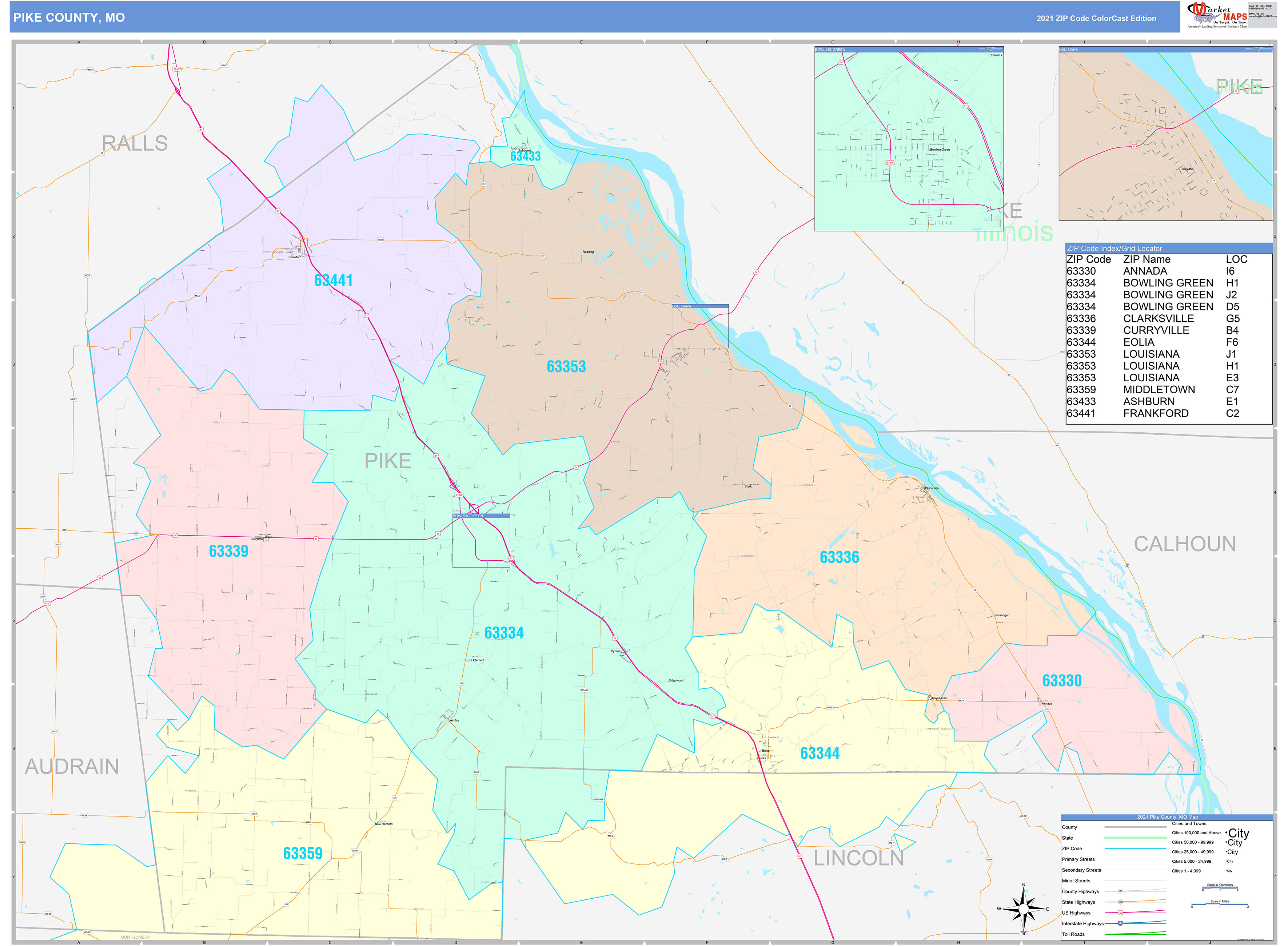 Pike County, MO Wall Map Color Cast Style by MarketMAPS - MapSales