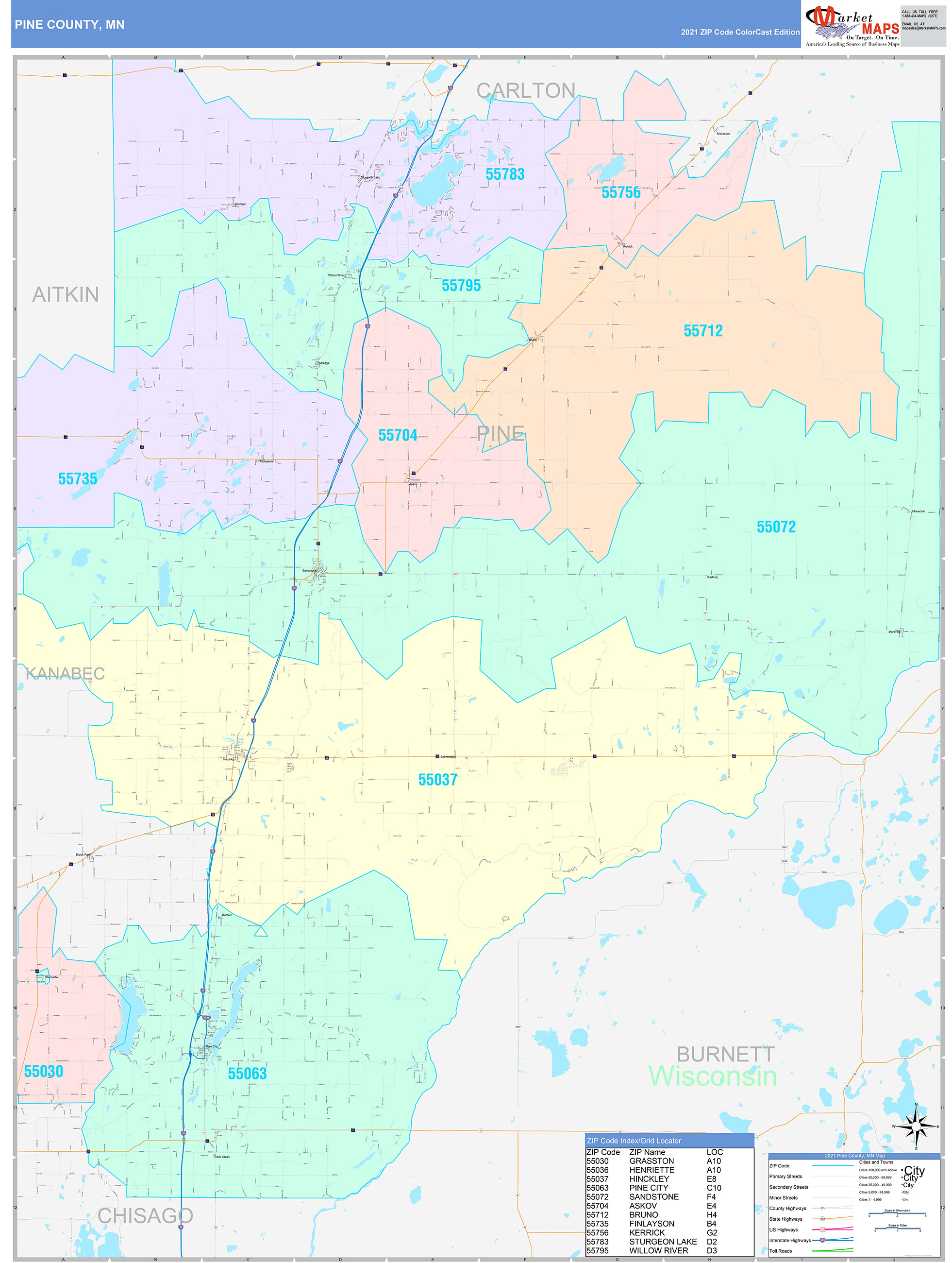 Pine County, MN Wall Map Color Cast Style by MarketMAPS