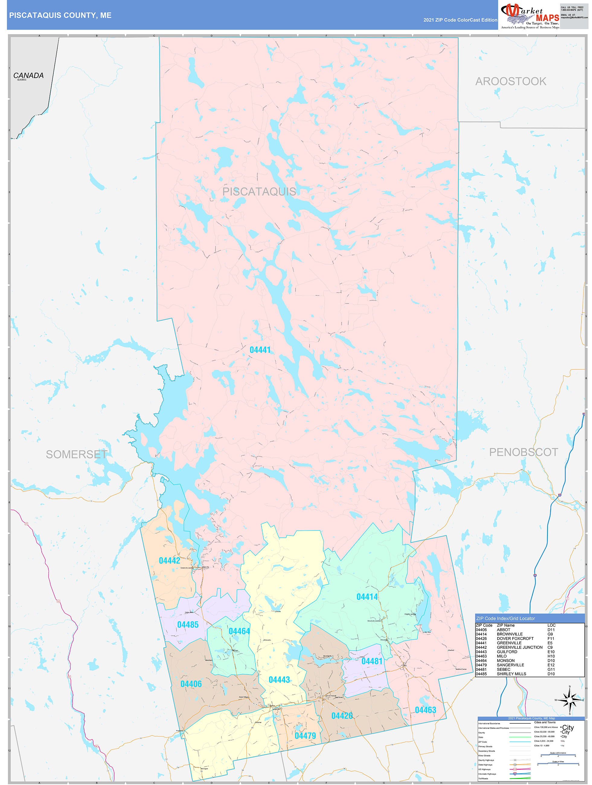 Piscataquis County, ME Wall Map Color Cast Style by MarketMAPS - MapSales