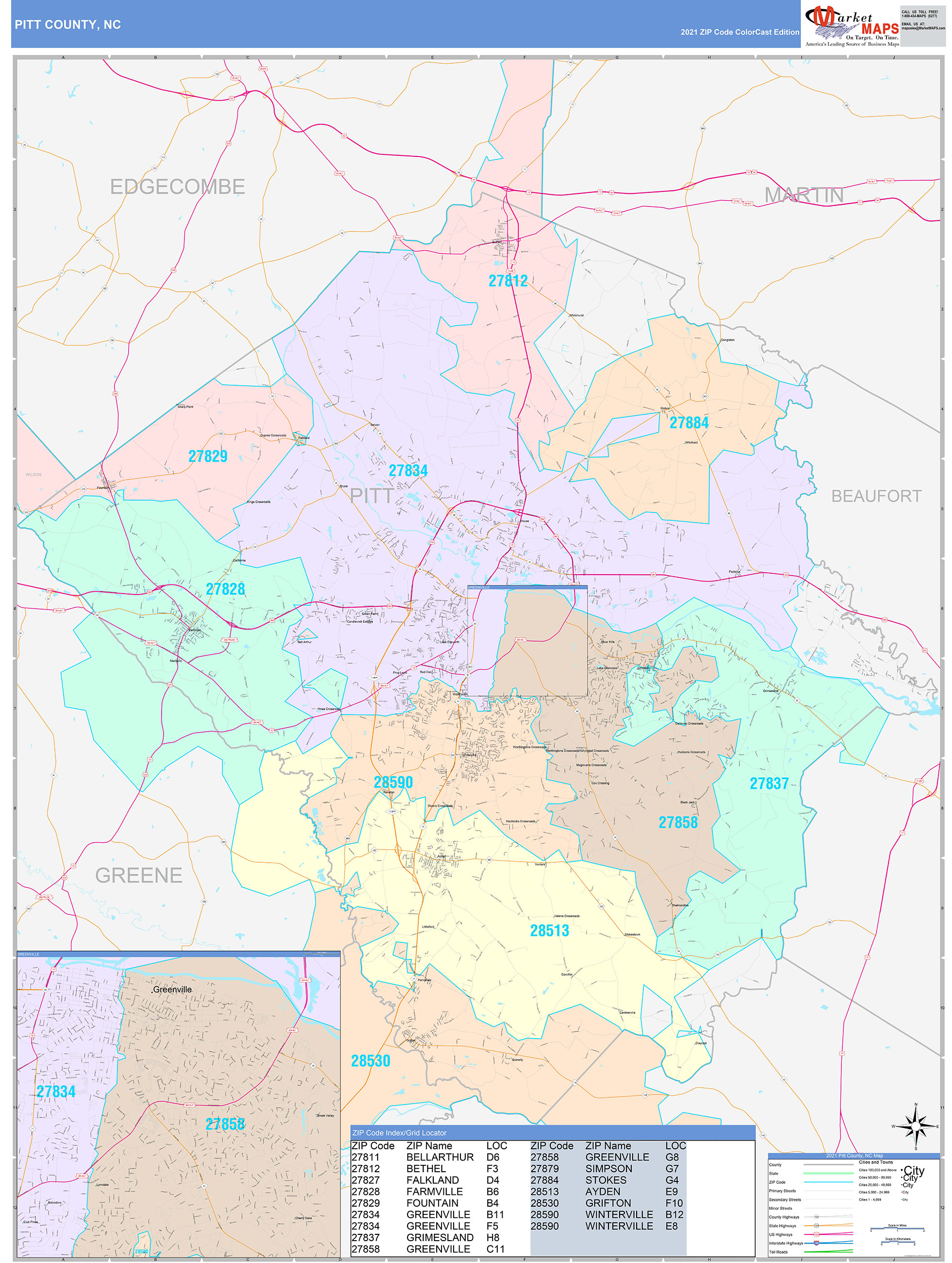 Pitt County, NC Wall Map Color Cast Style by MarketMAPS - MapSales