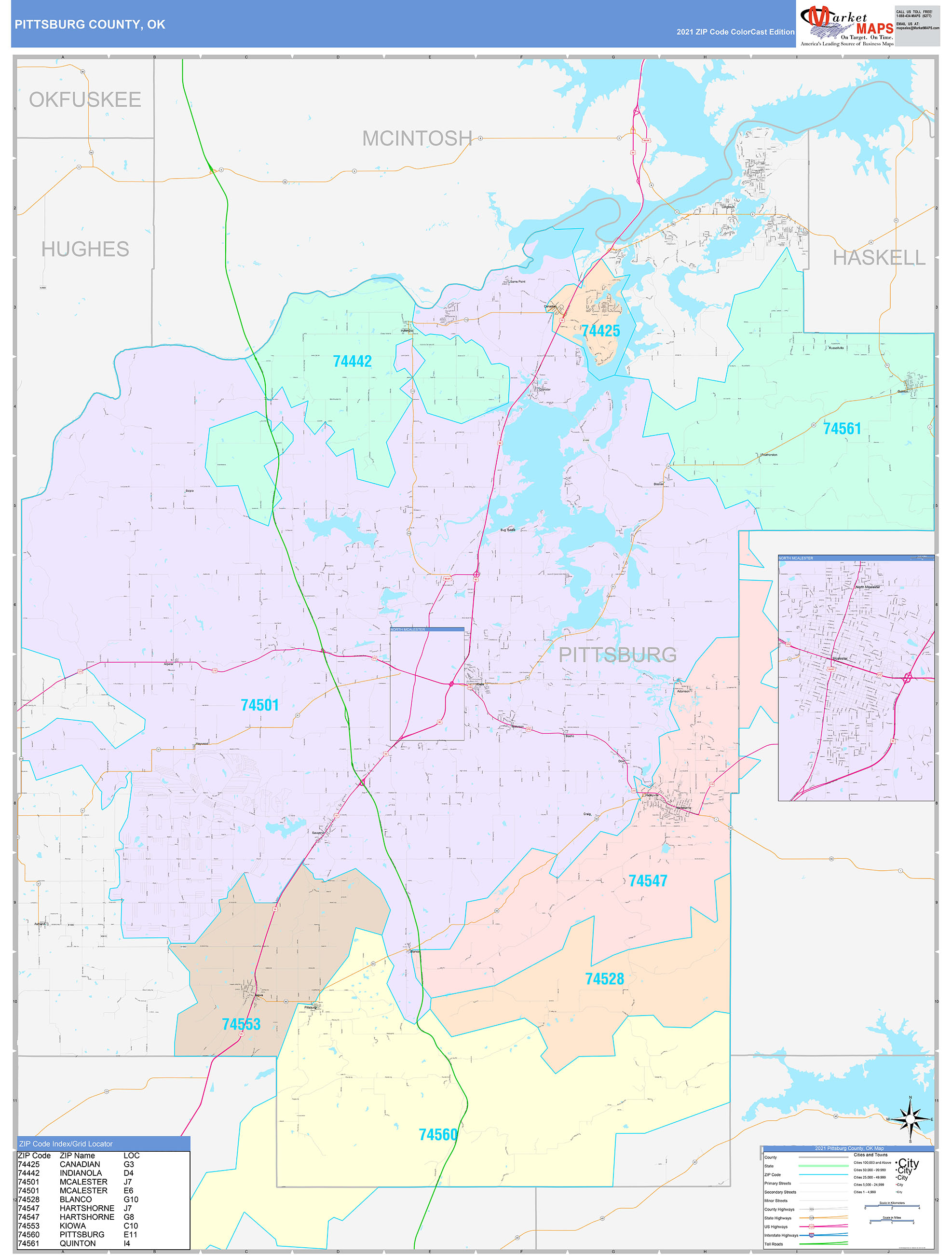 Pittsburg County, OK Wall Map Color Cast Style by MarketMAPS - MapSales.com