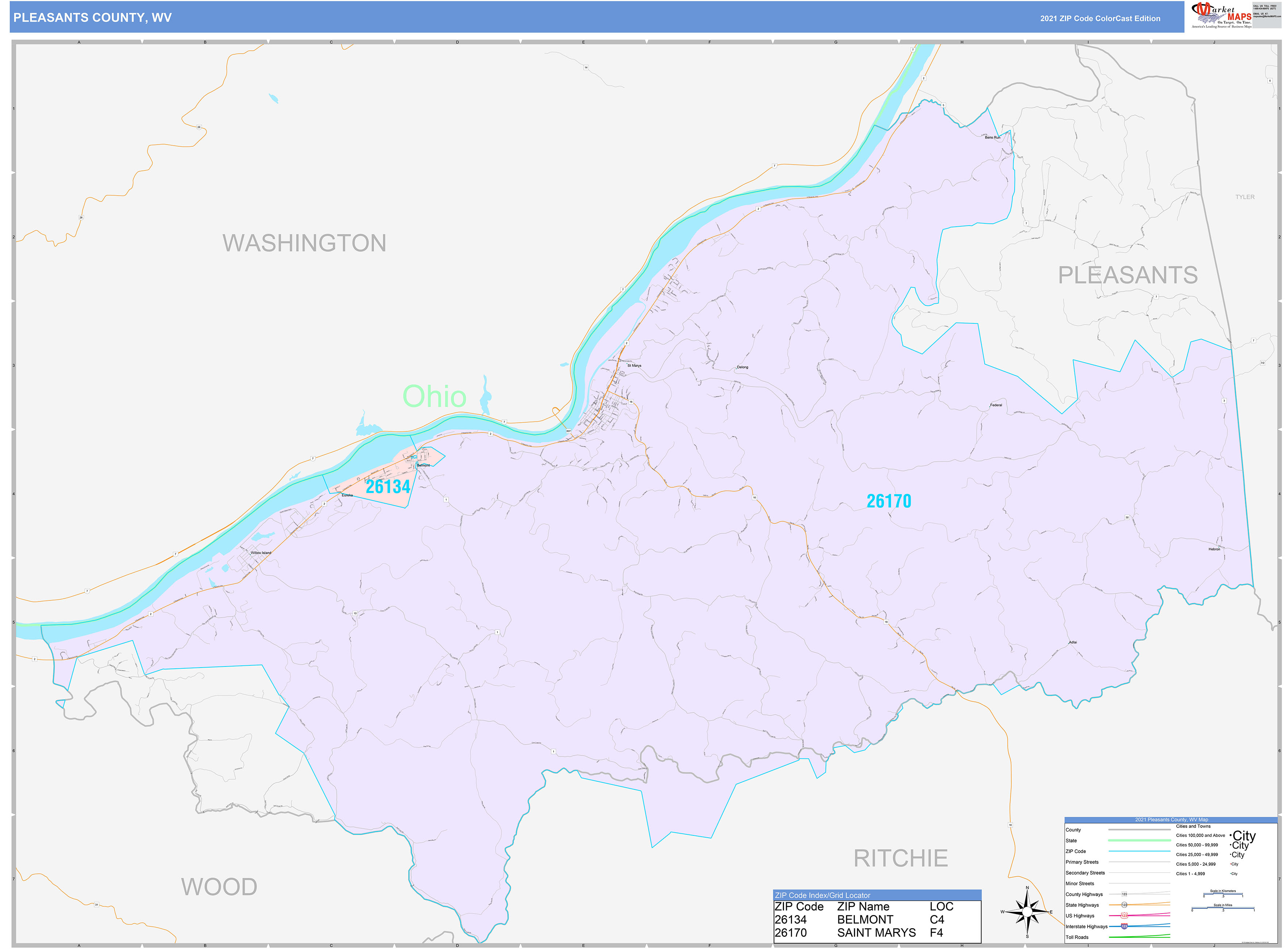 Pleasants County, WV Wall Map Color Cast Style by MarketMAPS