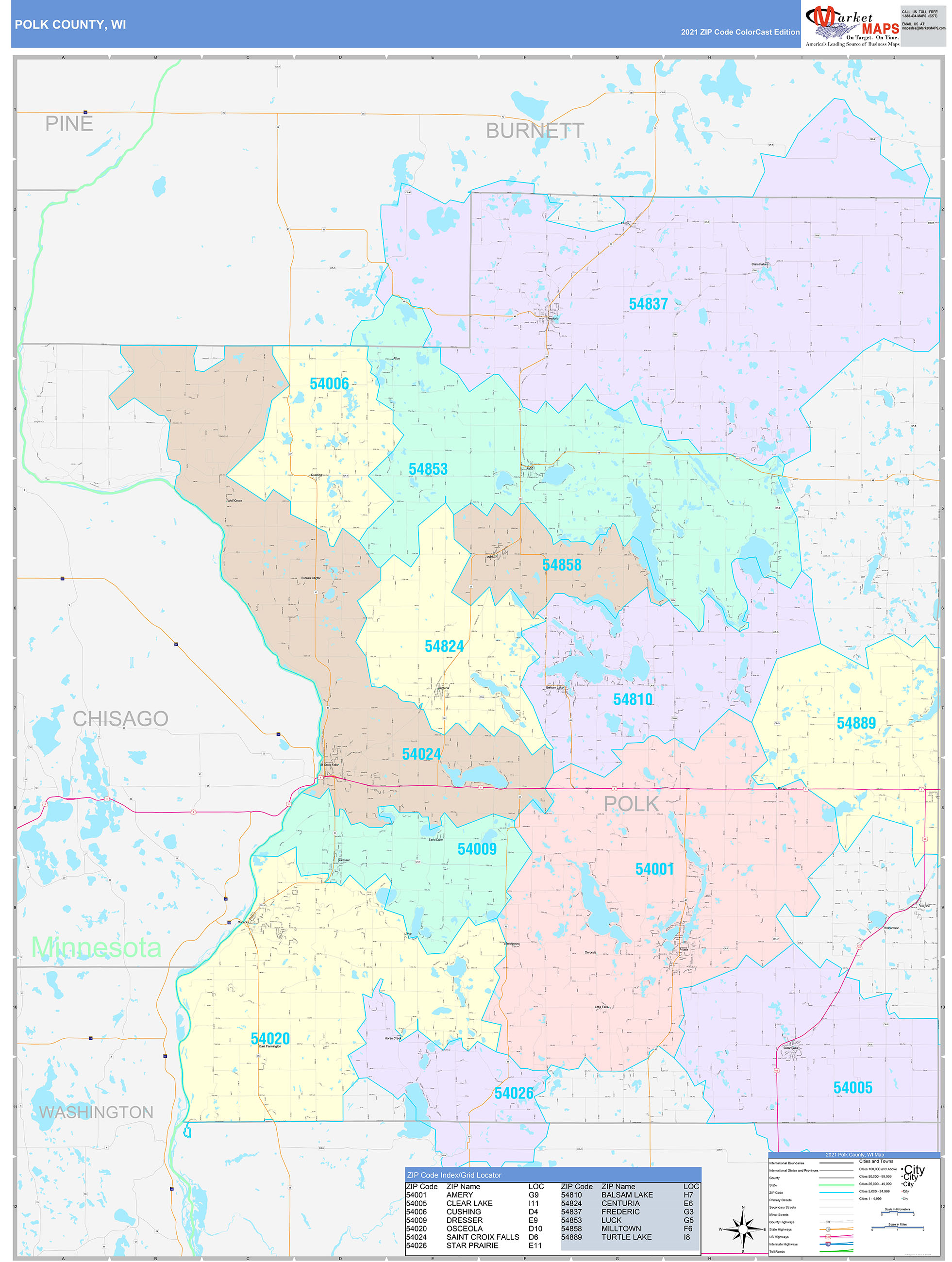 Polk County, WI Wall Map Color Cast Style by MarketMAPS - MapSales