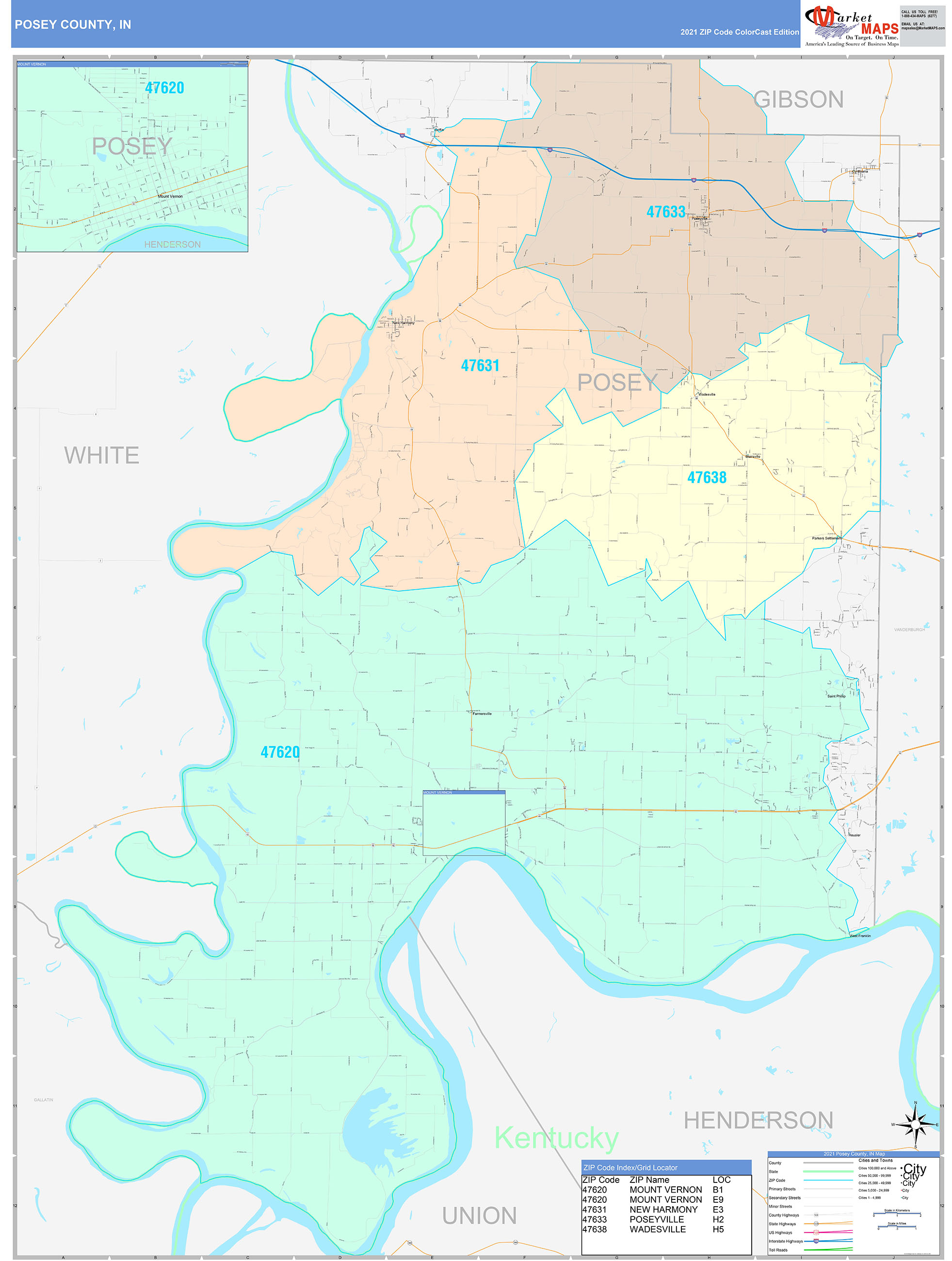 Posey County, IN Wall Map Color Cast Style by MarketMAPS