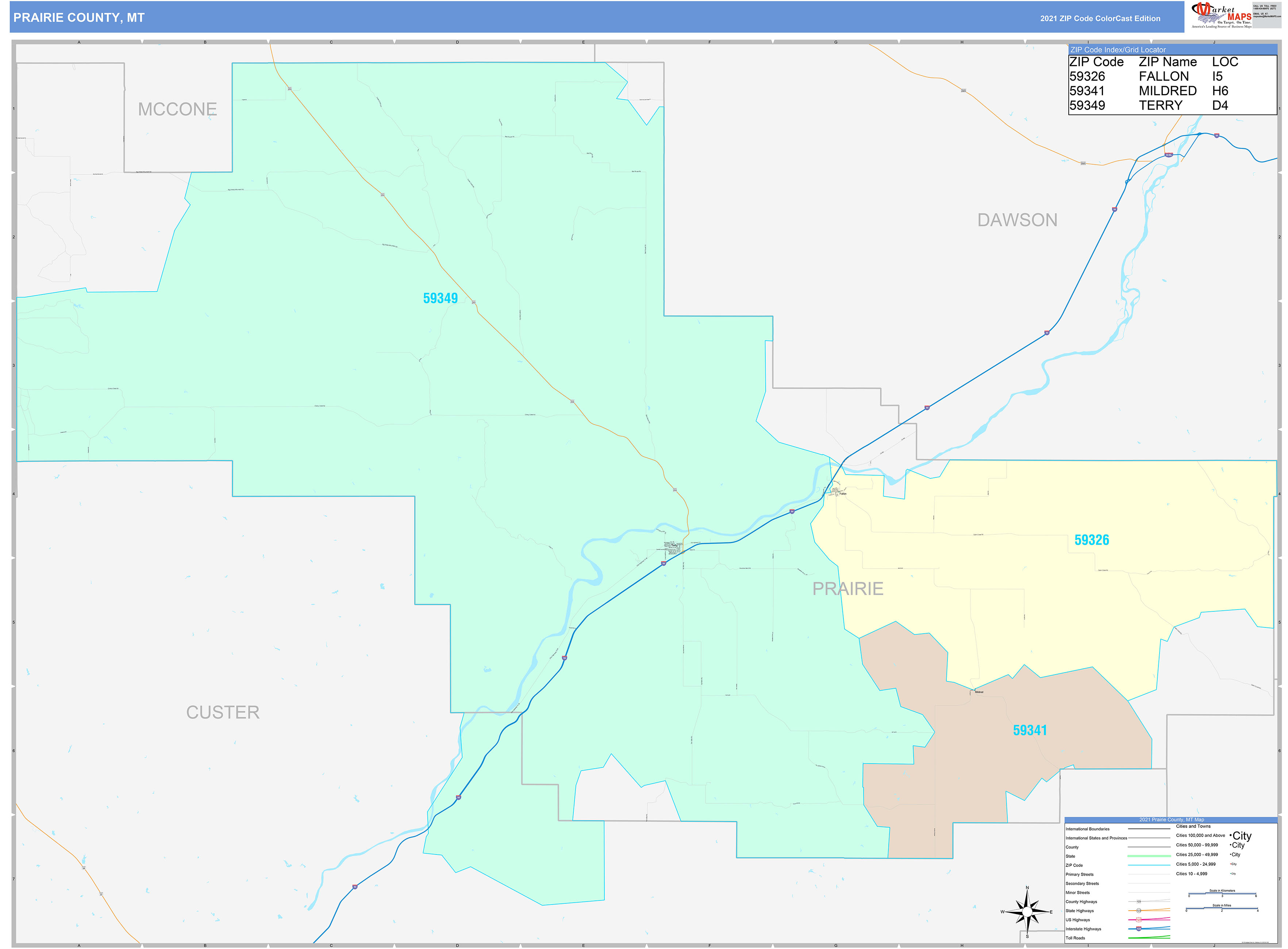 Prairie County, MT Wall Map Color Cast Style by MarketMAPS - MapSales.com