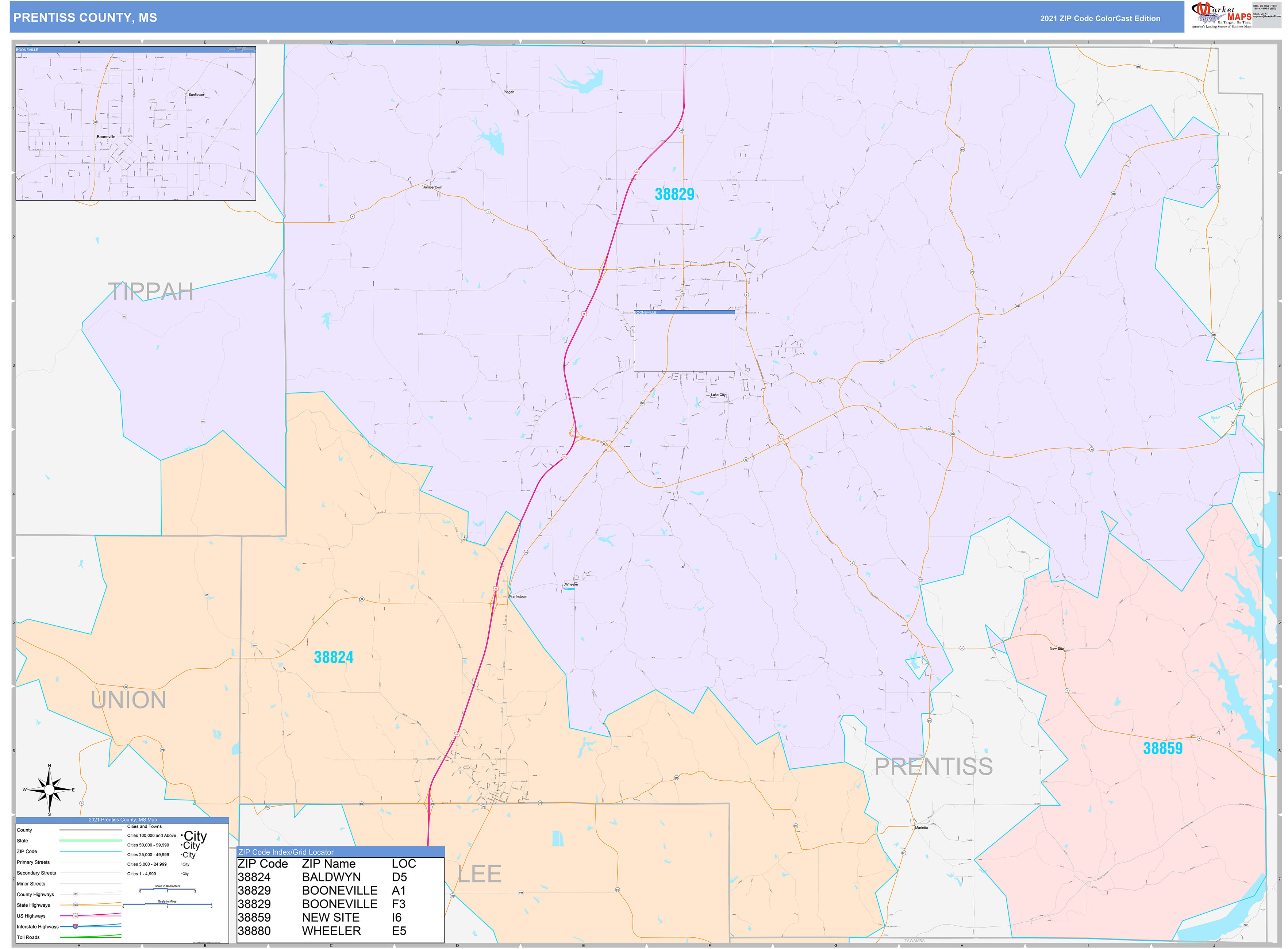 Prentiss County, MS Wall Map Color Cast Style by MarketMAPS