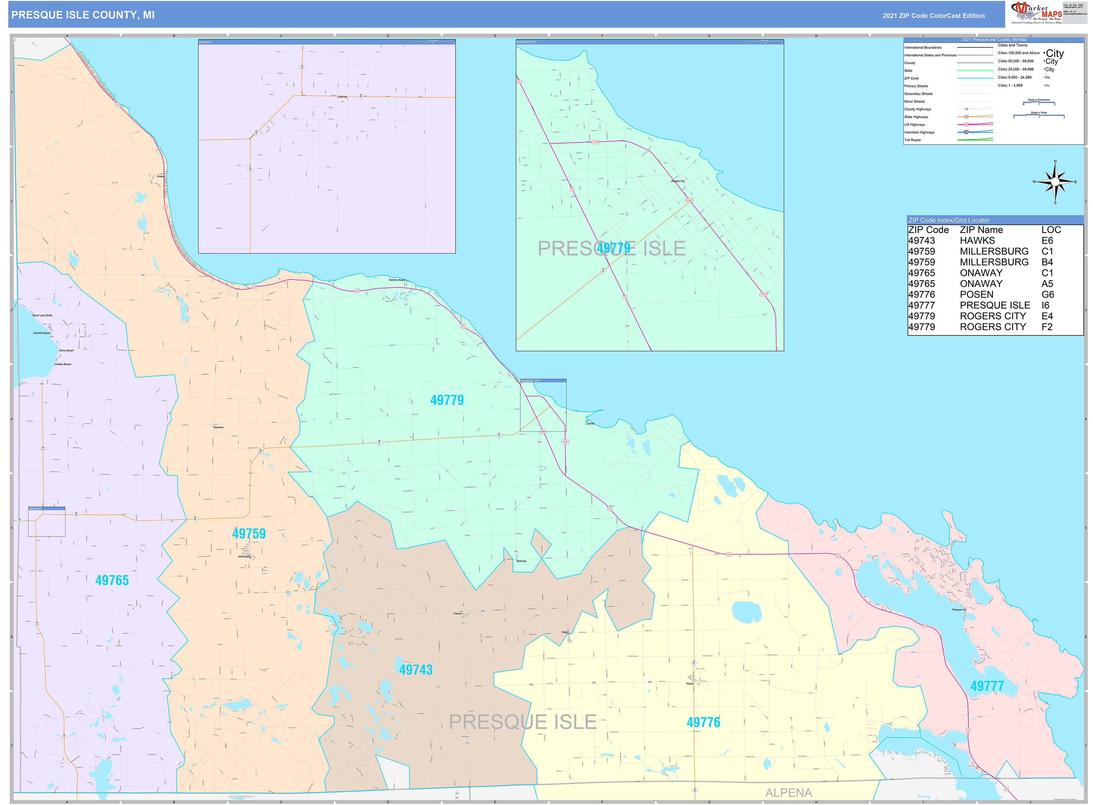 Presque Isle County, MI Wall Map Color Cast Style by MarketMAPS