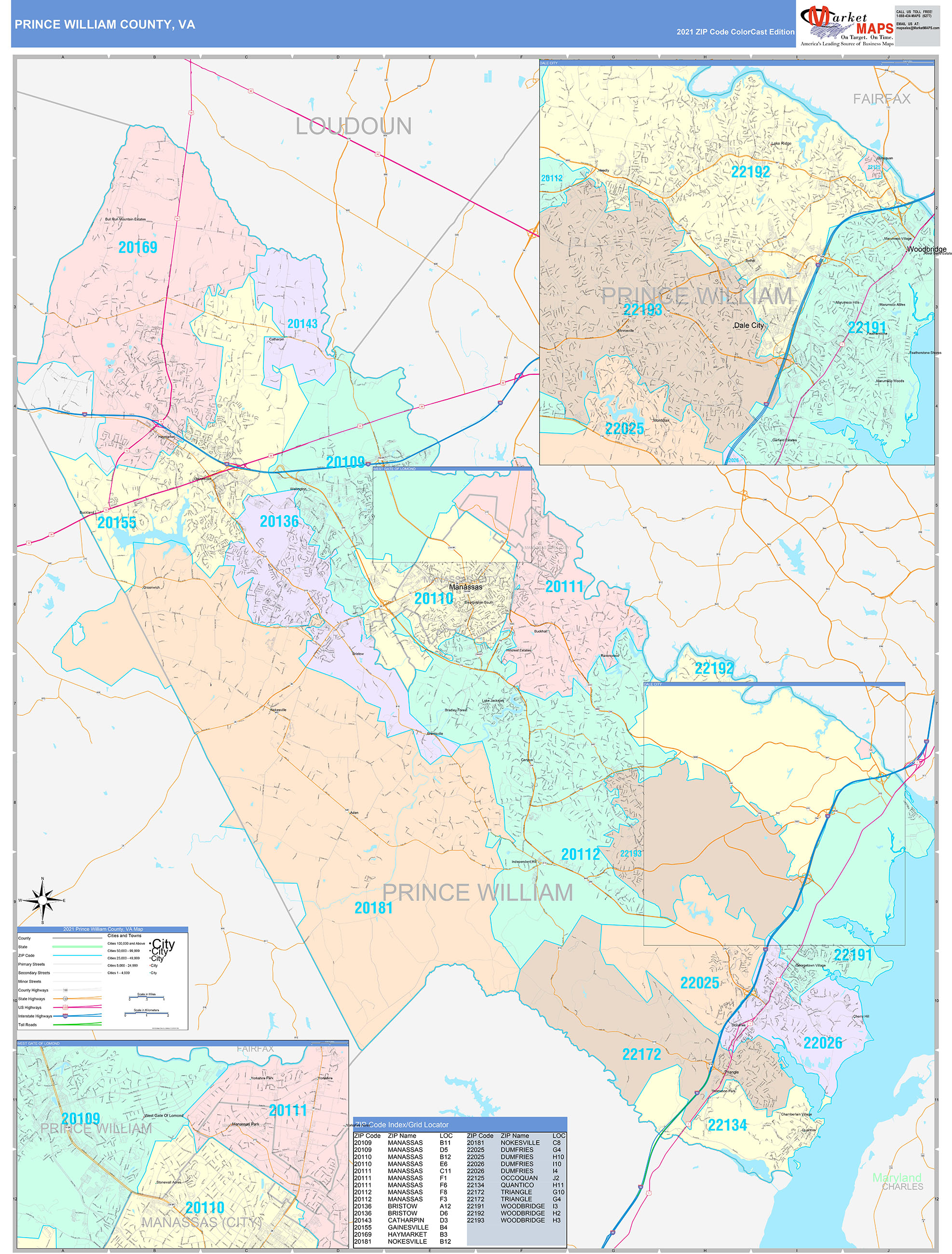 Prince William County, VA Wall Map Color Cast Style by MarketMAPS