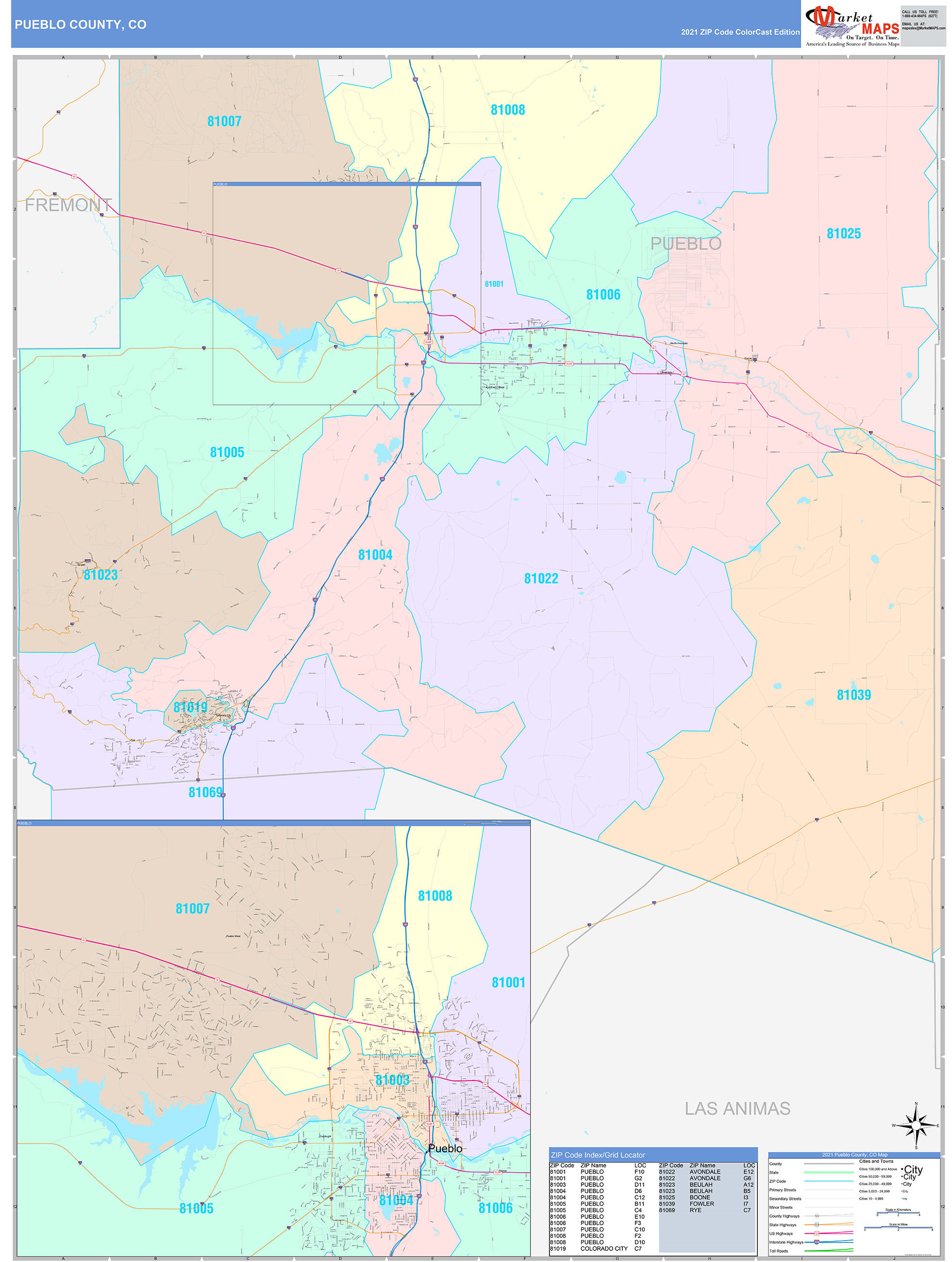 Pueblo County, CO Wall Map Color Cast Style by MarketMAPS