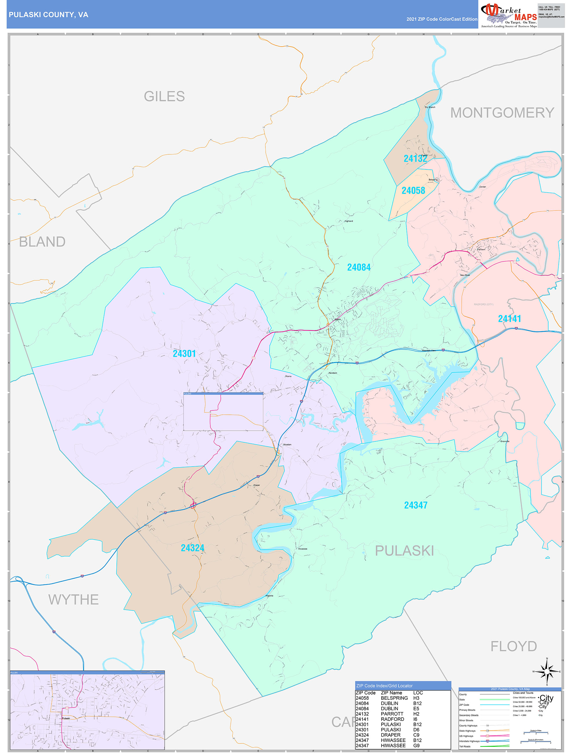 Pulaski County, VA Wall Map Color Cast Style by MarketMAPS