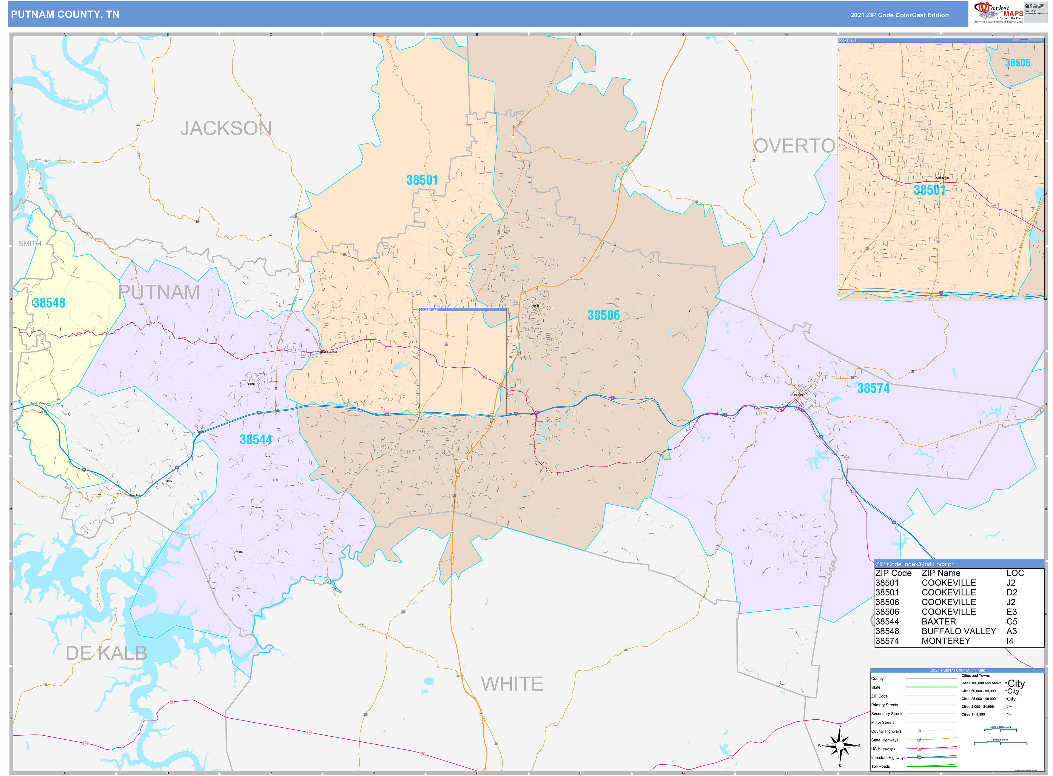 Putnam County, TN Wall Map Color Cast Style by MarketMAPS - MapSales