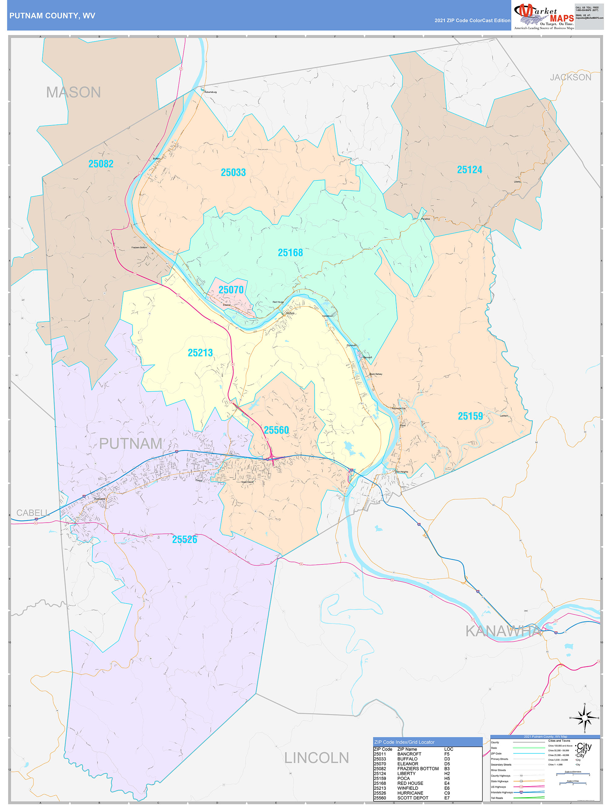 Putnam County, WV Wall Map Color Cast Style by MarketMAPS