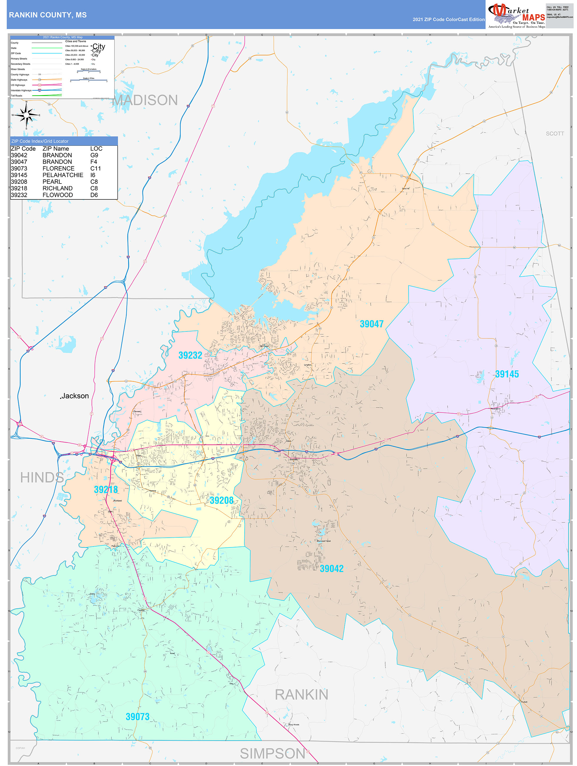 Rankin County MS Wall Map Color Cast Style by MarketMAPS MapSales