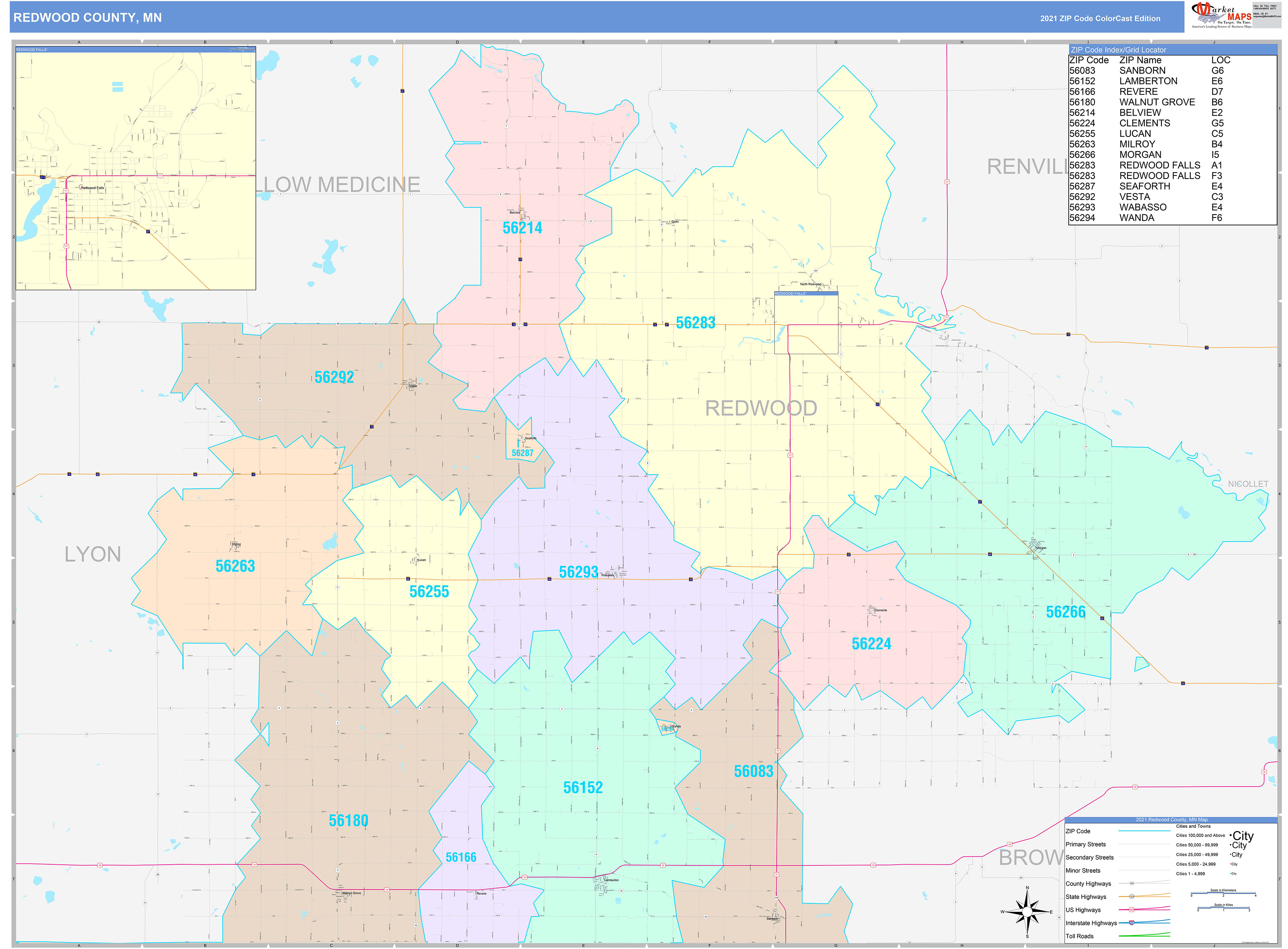 Redwood County, MN Wall Map Color Cast Style by MarketMAPS