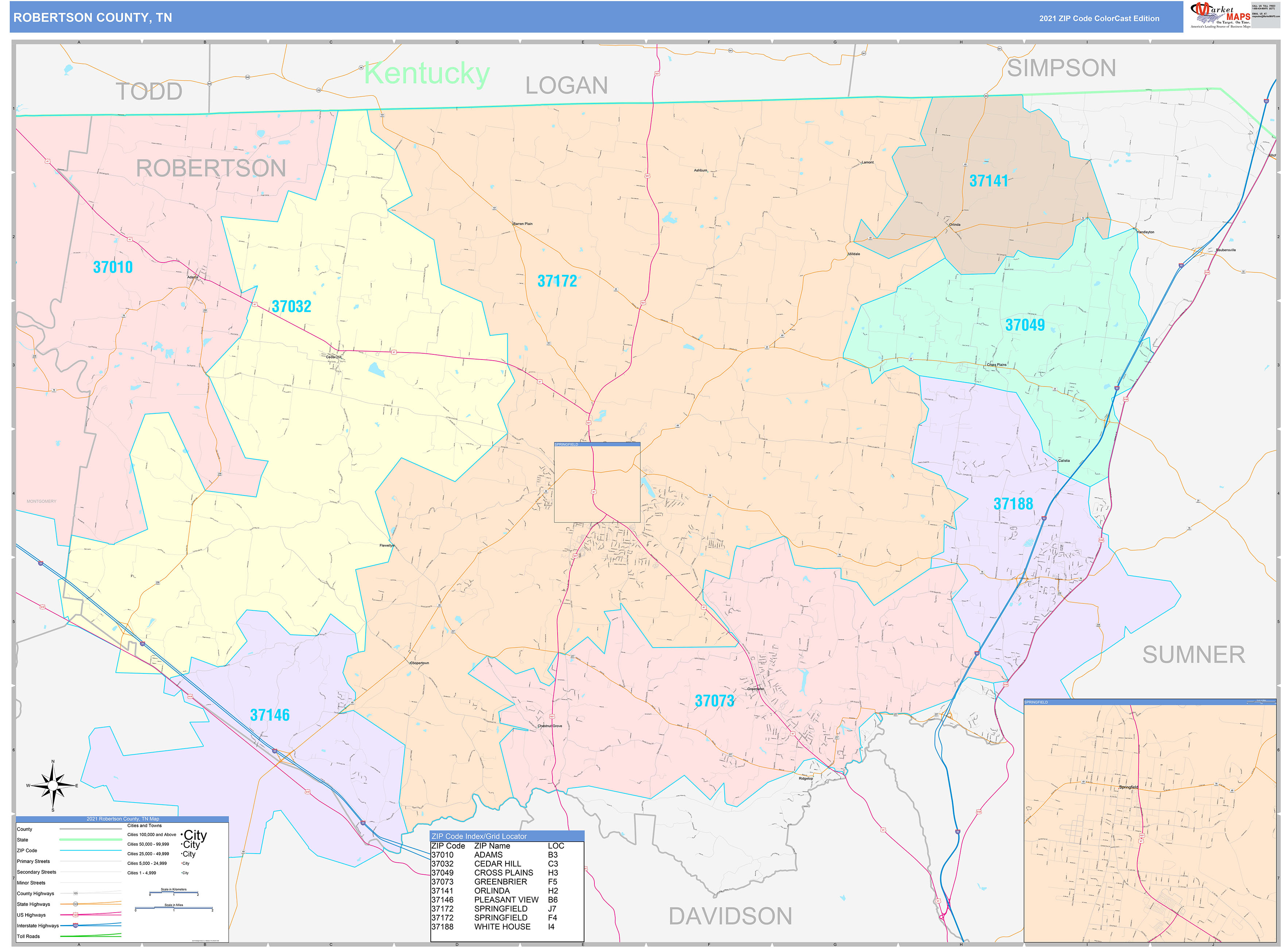 Robertson County, TN Wall Map Color Cast Style by MarketMAPS MapSales