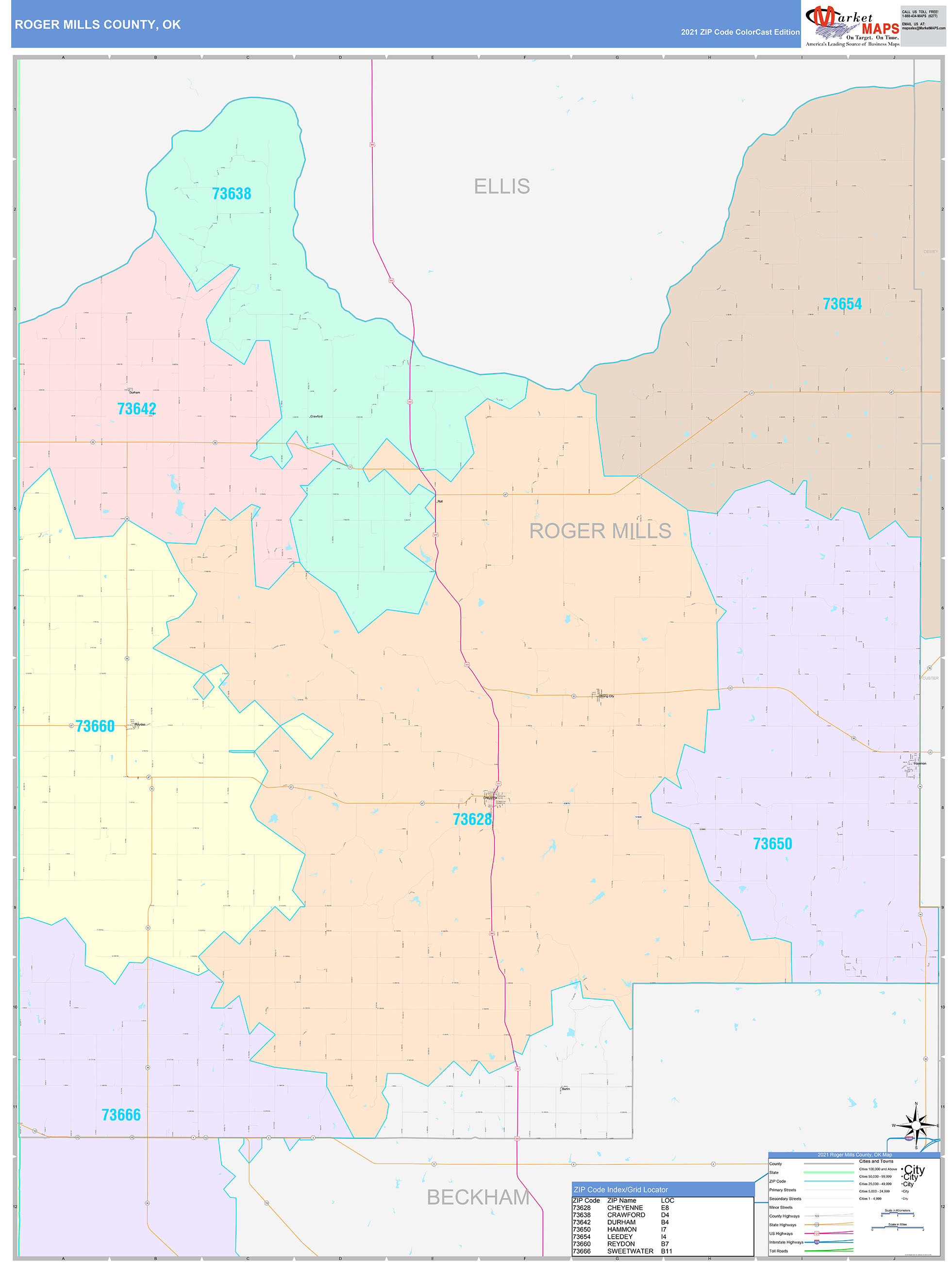 Roger Mills County, OK Wall Map Color Cast Style by MarketMAPS