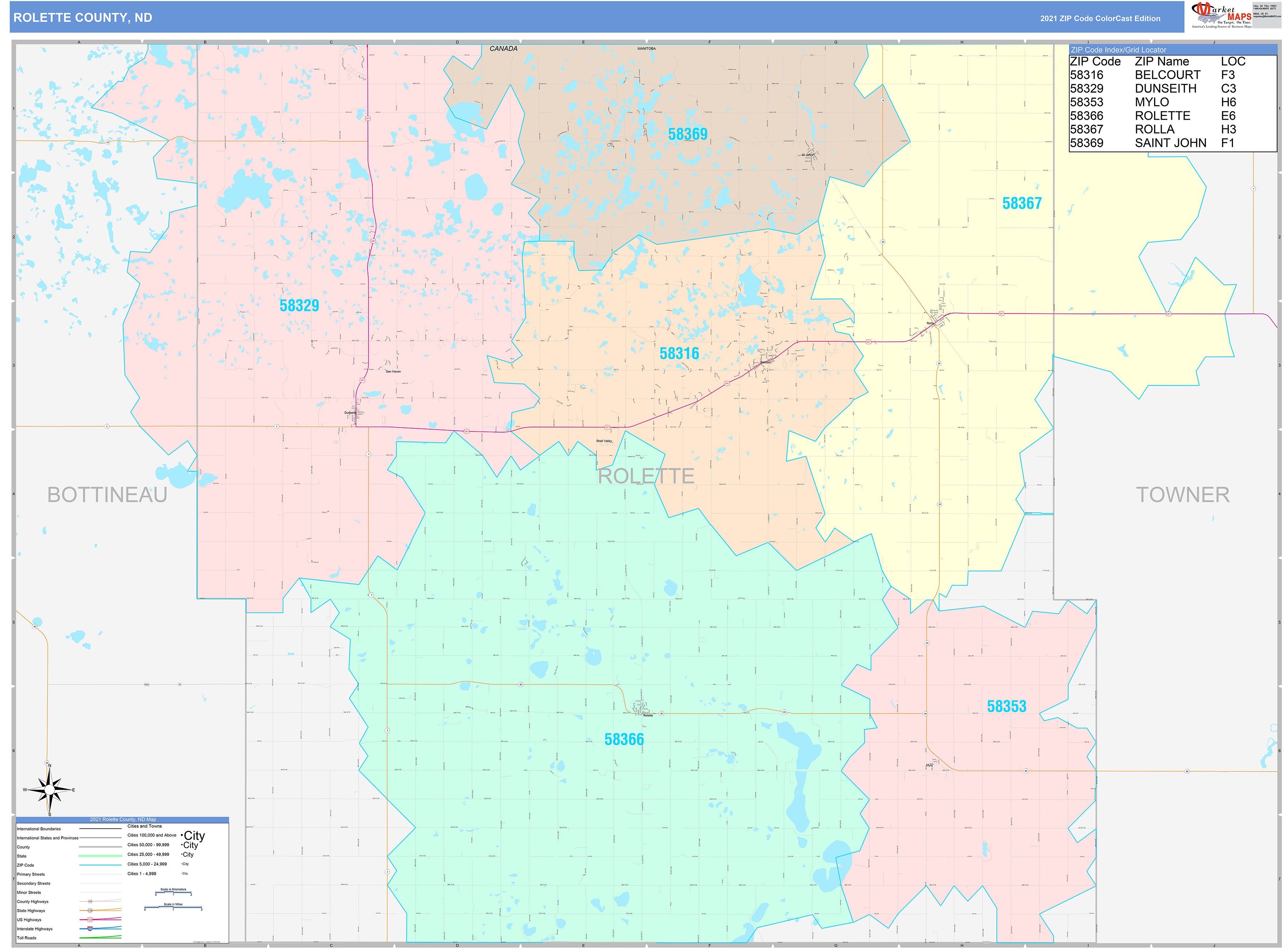 Rolette County, ND Wall Map Color Cast Style by MarketMAPS