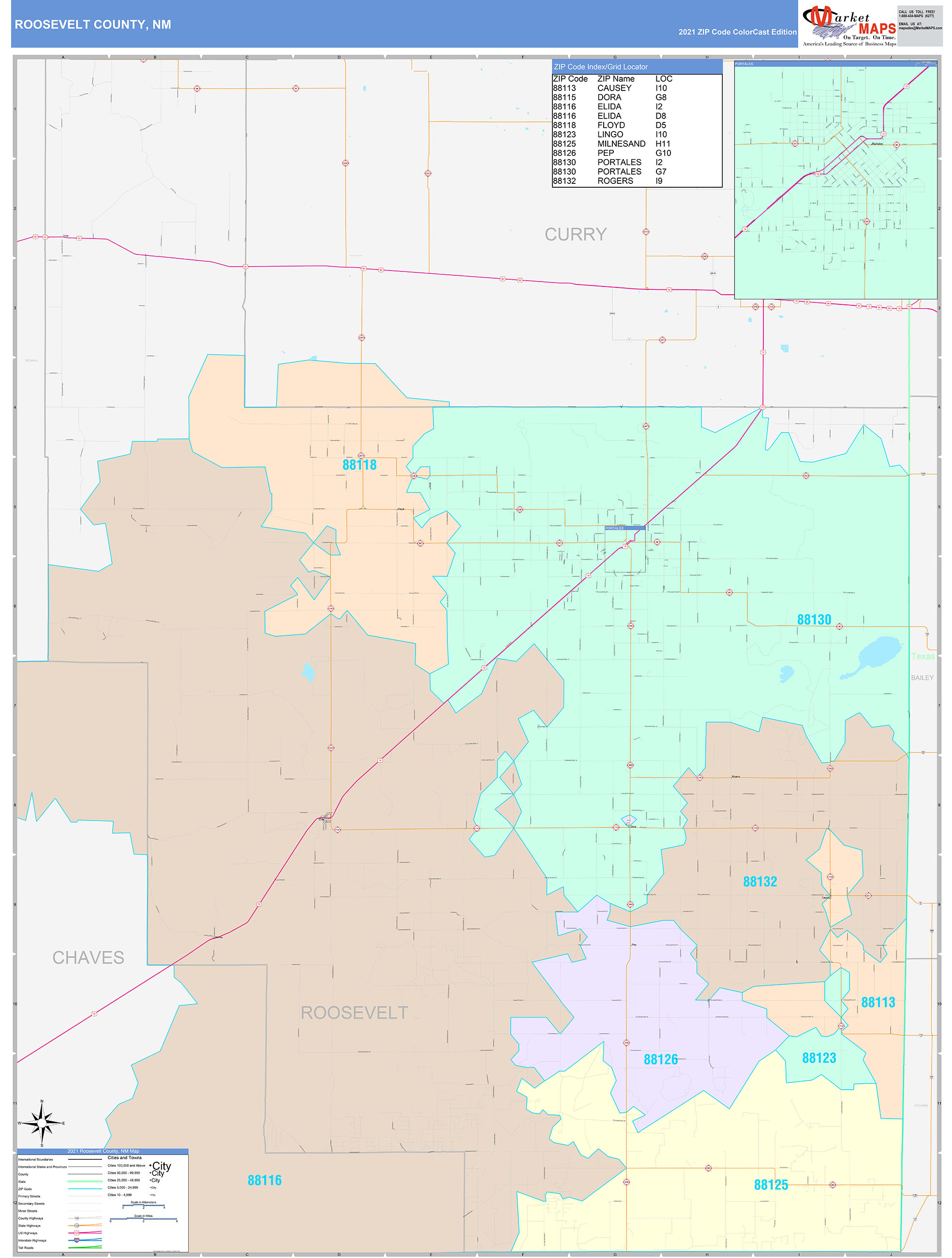 Roosevelt County, NM Wall Map Color Cast Style by MarketMAPS - MapSales.com