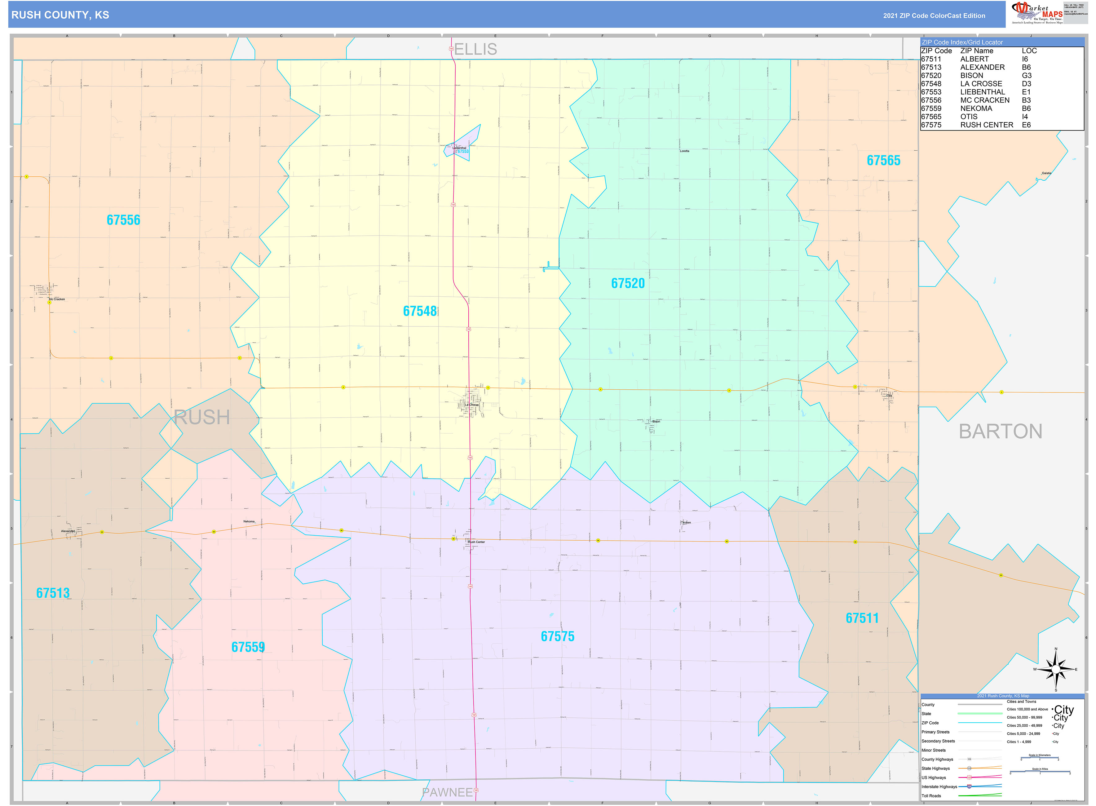 Rush County, KS Wall Map Color Cast Style by MarketMAPS