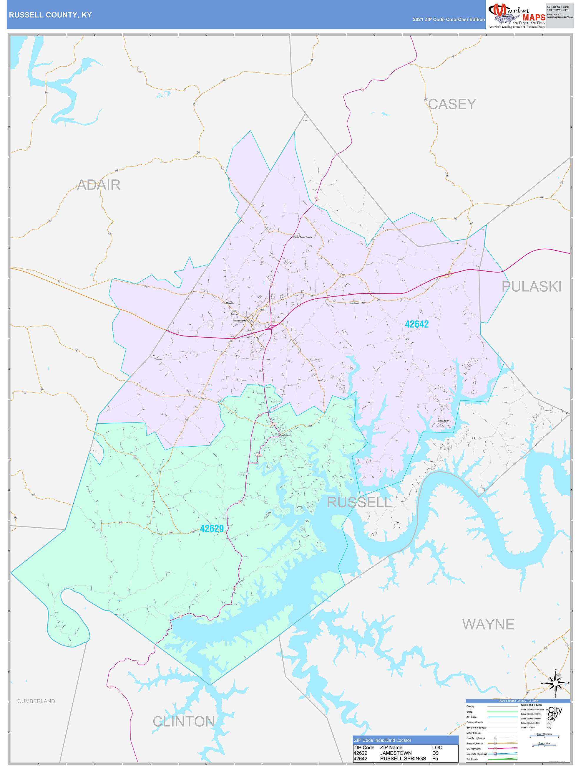 Russell County, KY Wall Map Color Cast Style by MarketMAPS