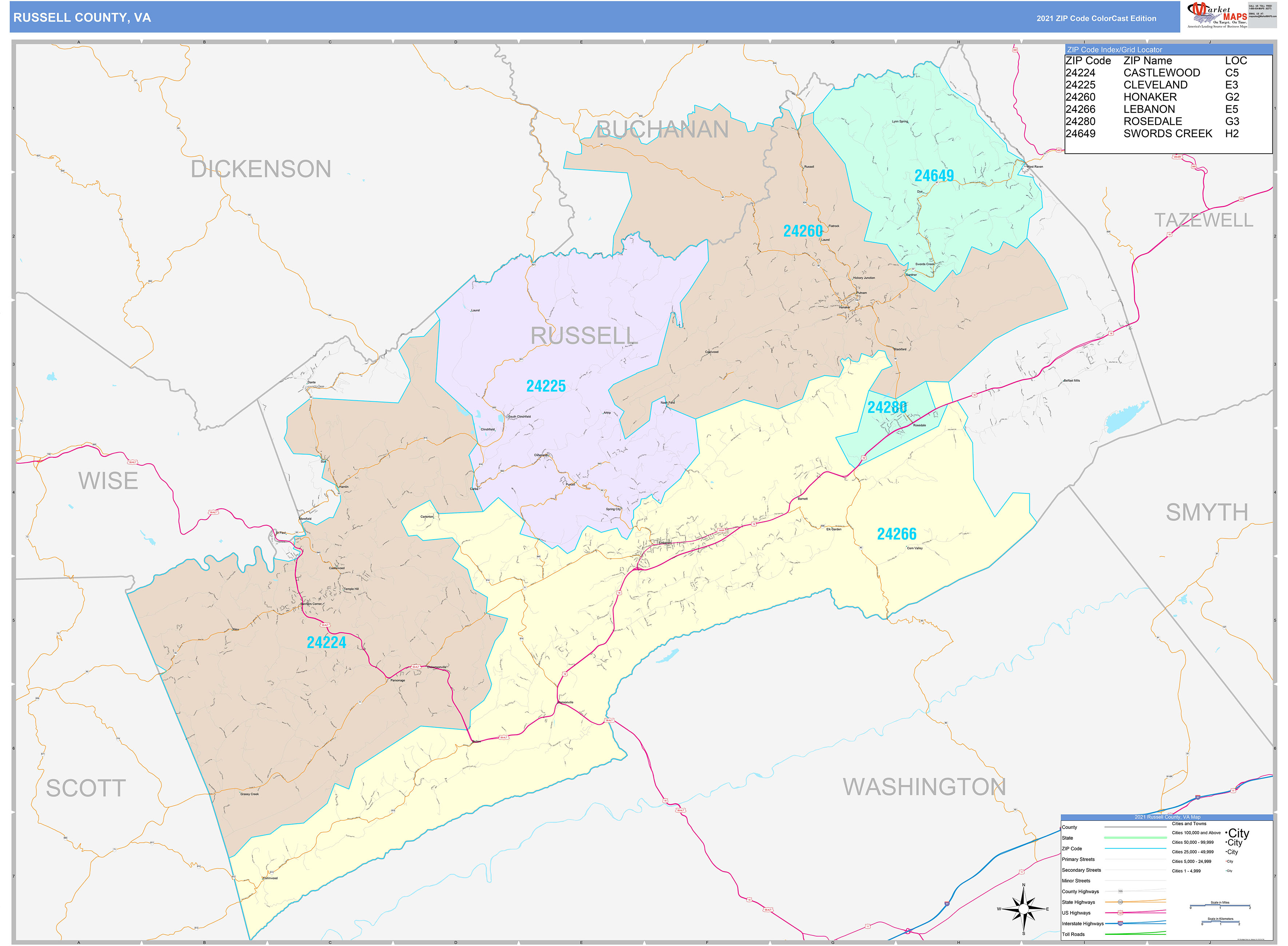 Russell County, VA Wall Map Color Cast Style by MarketMAPS MapSales