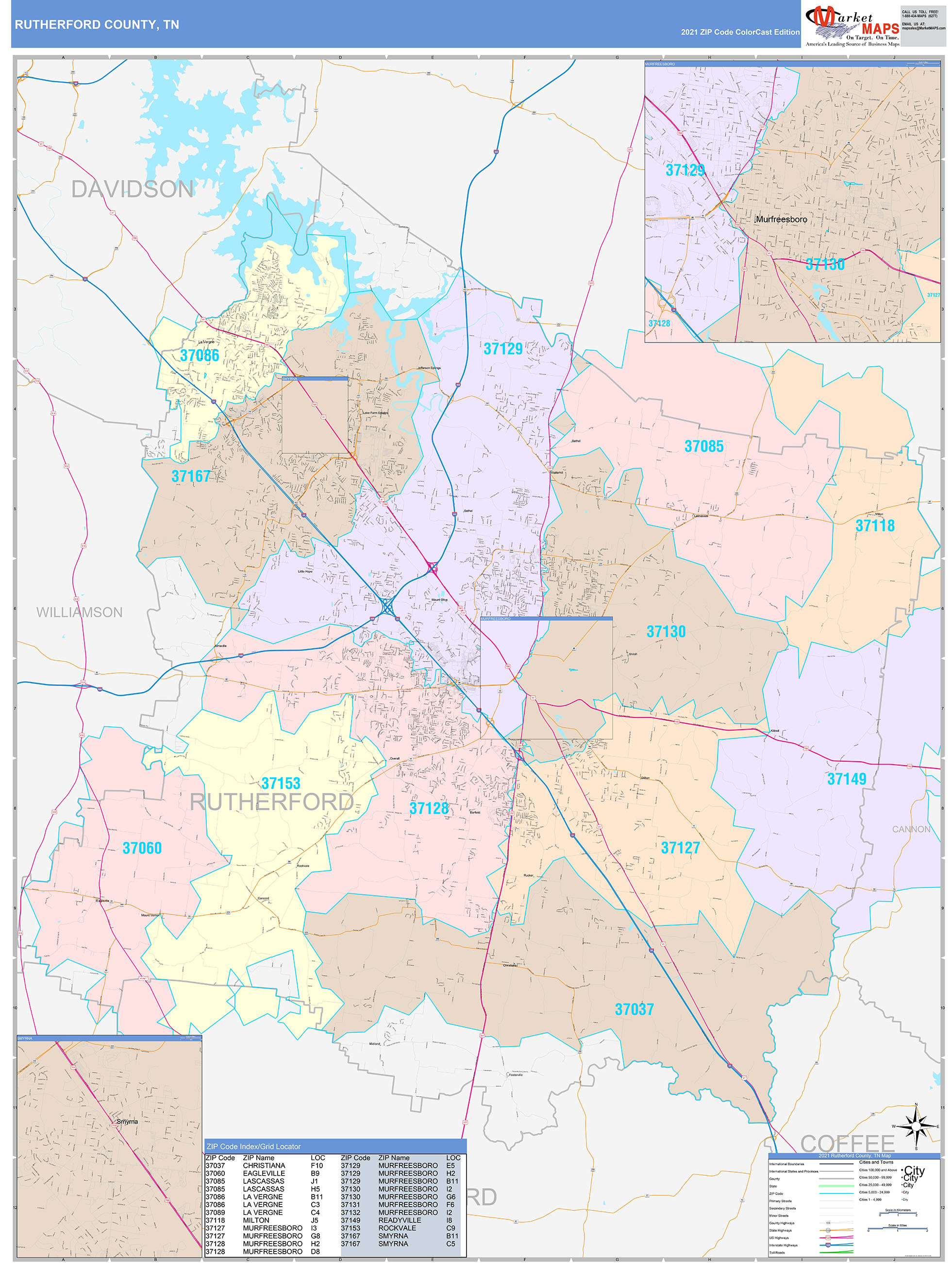 Rutherford County, TN Wall Map Color Cast Style by MarketMAPS