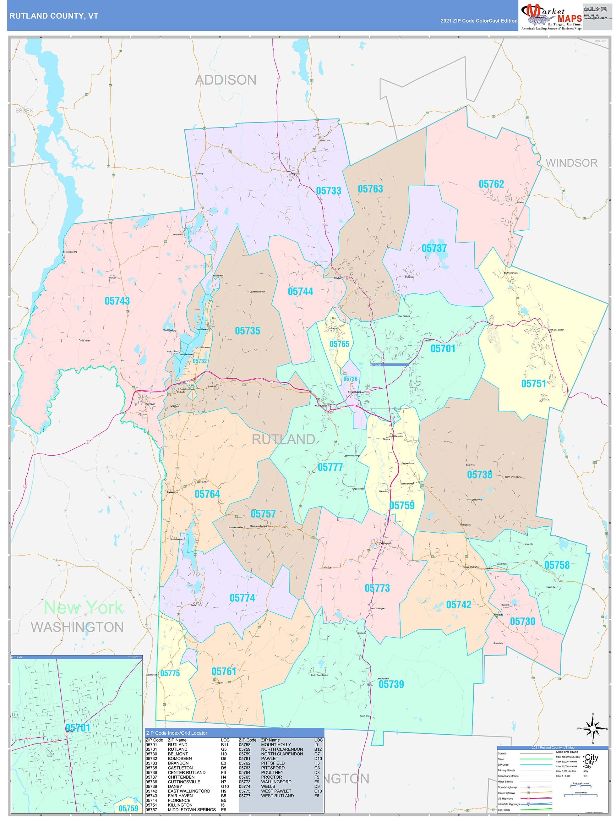 Rutland County, VT Wall Map Color Cast Style by MarketMAPS - MapSales.com