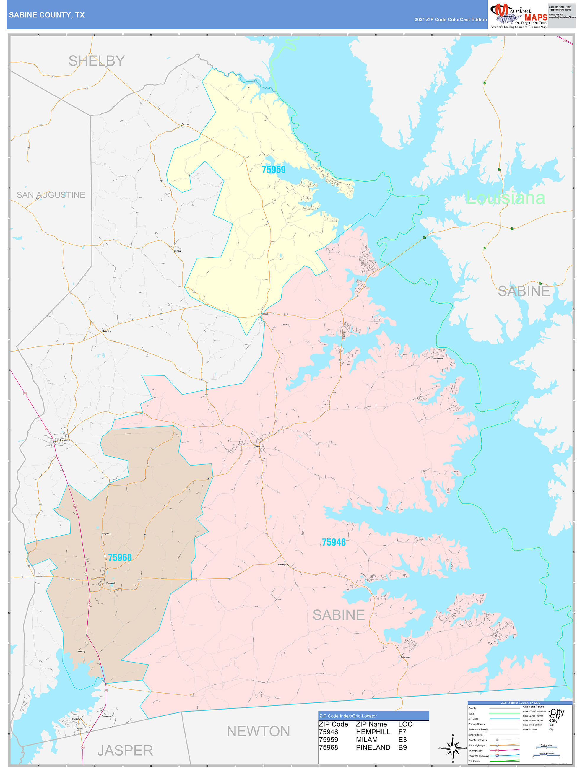 Sabine County TX Wall Map Color Cast Style By MarketMAPS MapSales Com   Sabine TX 