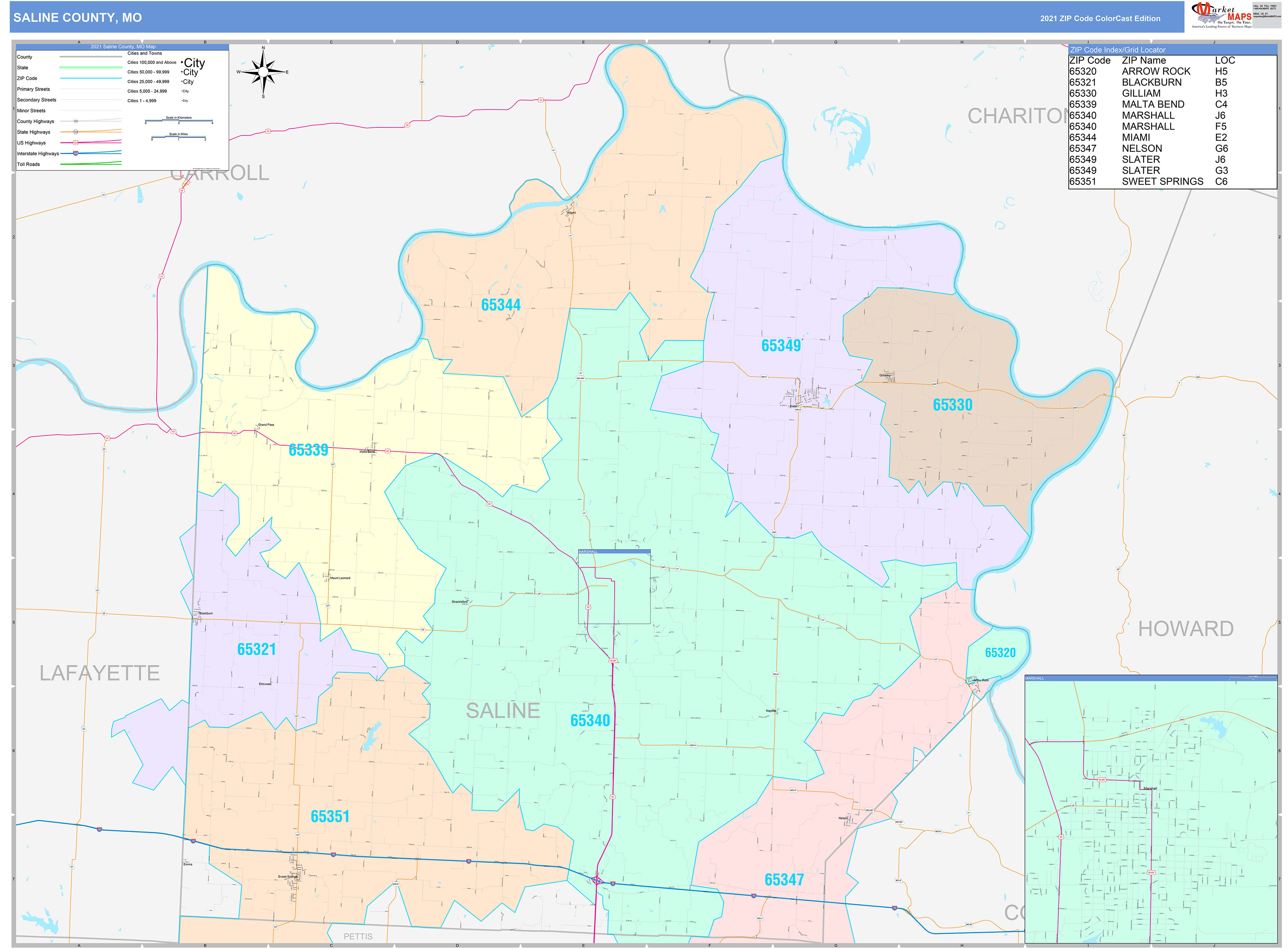 Saline County, MO Wall Map Color Cast Style by MarketMAPS MapSales