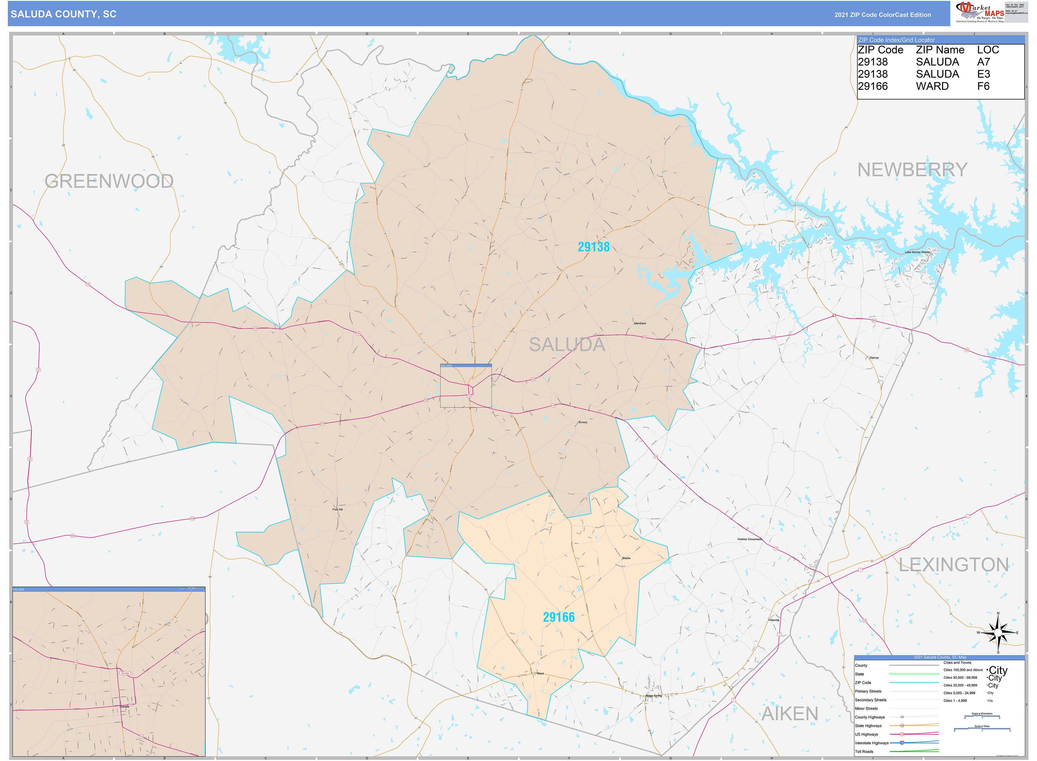 Saluda County, SC Wall Map Color Cast Style by MarketMAPS