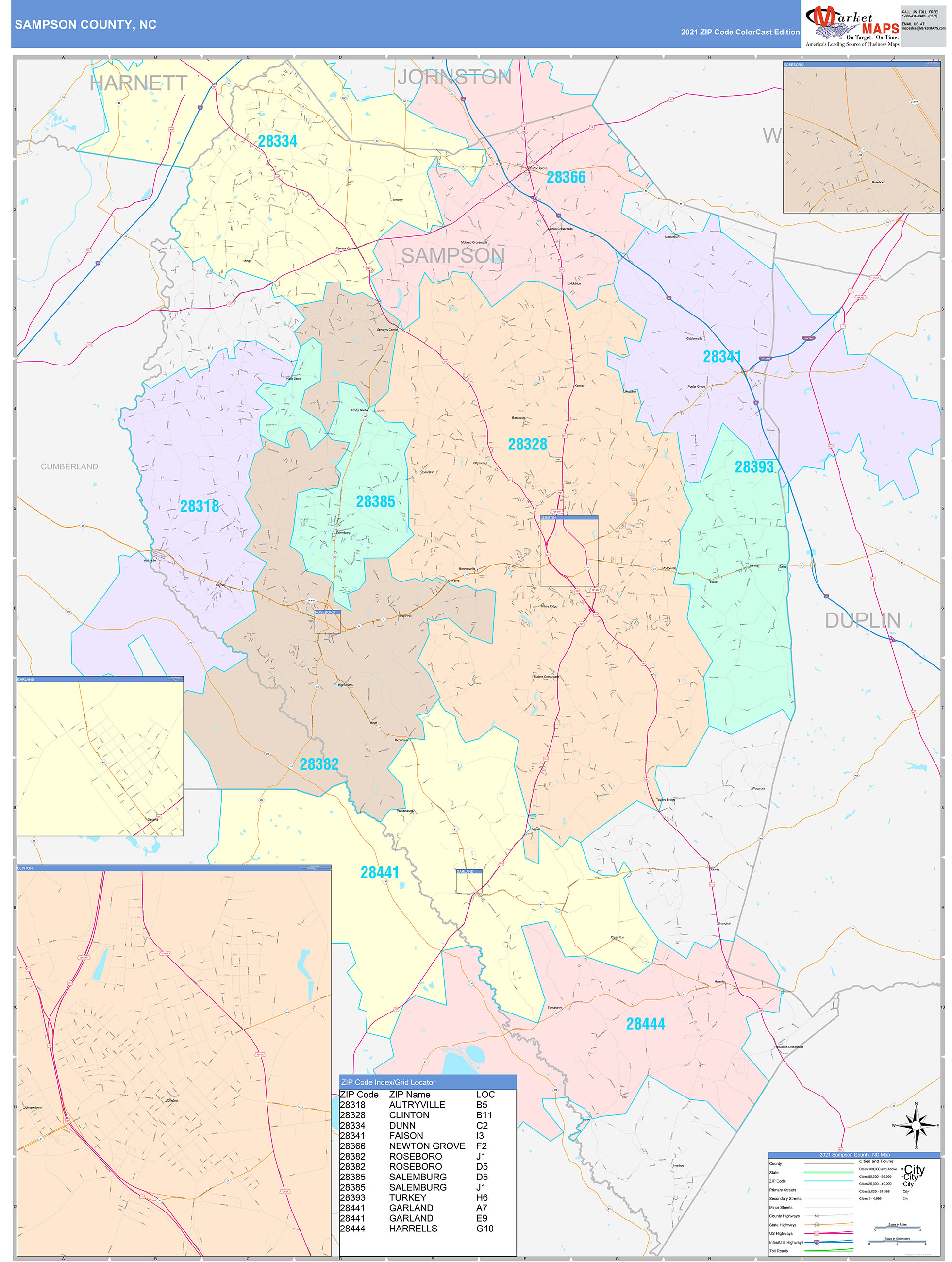 Sampson County, NC Wall Map Color Cast Style by MarketMAPS - MapSales