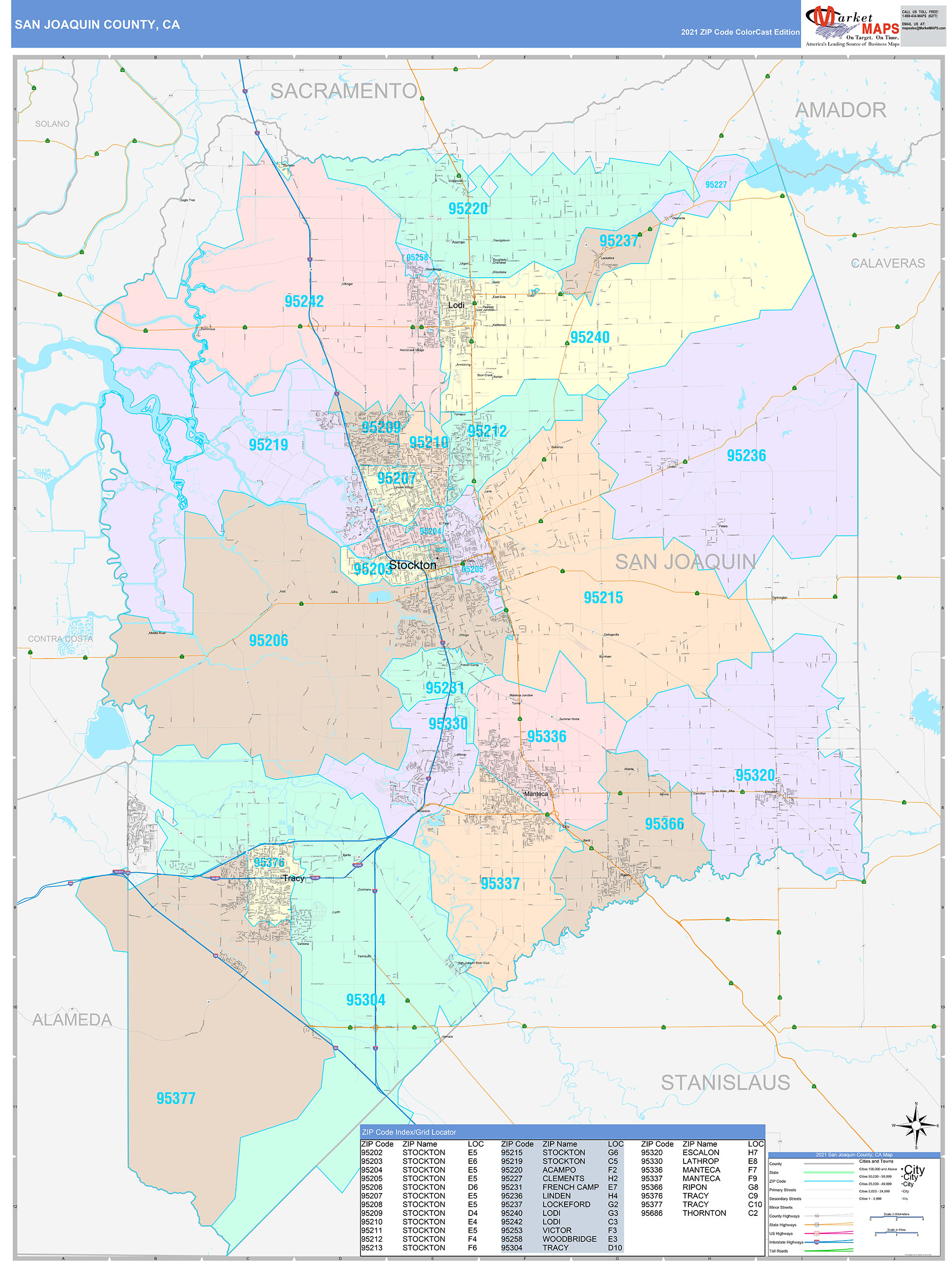 San Joaquin County, CA Wall Map Color Cast Style by MarketMAPS