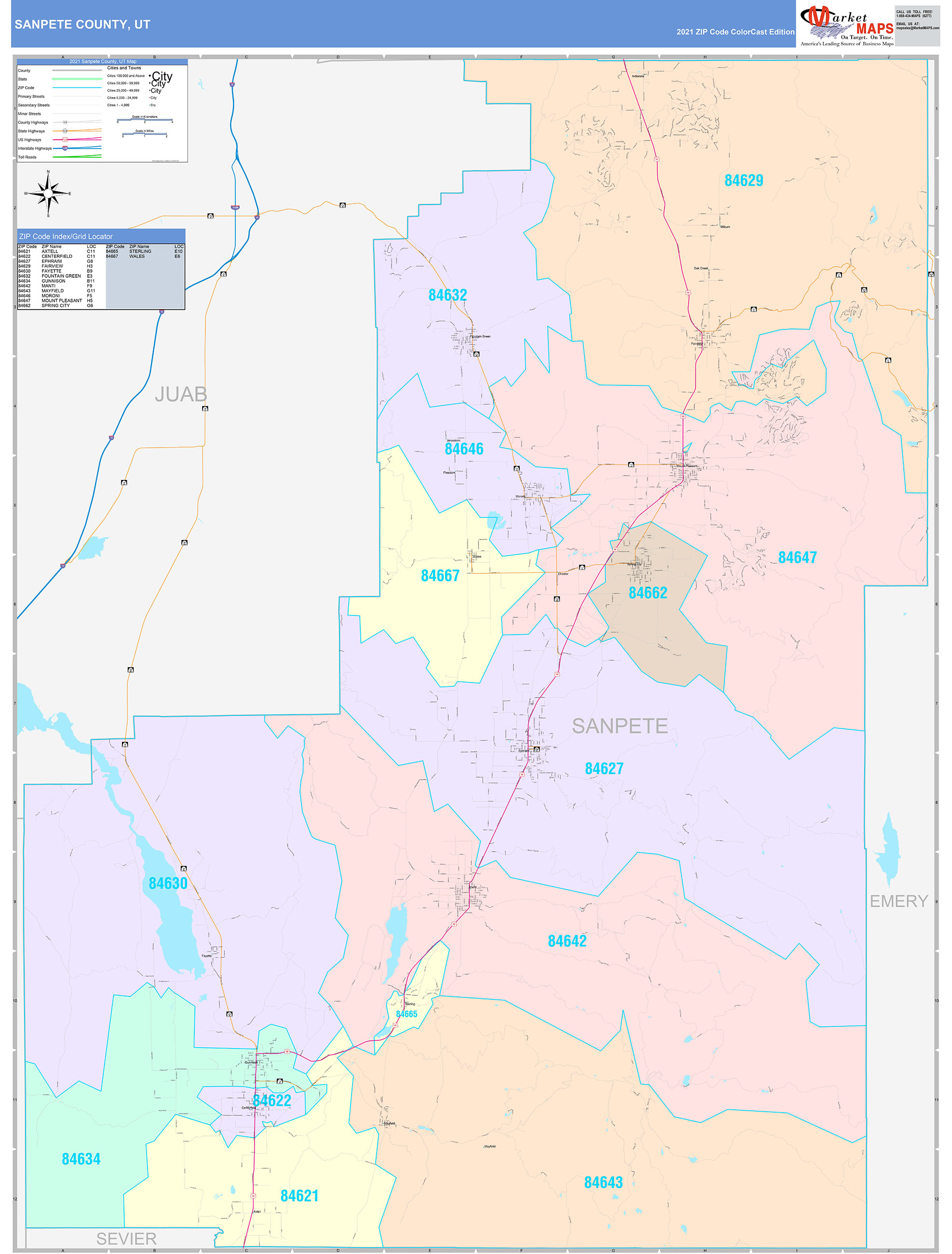 Sanpete County, UT Wall Map Color Cast Style By MarketMAPS - MapSales.com