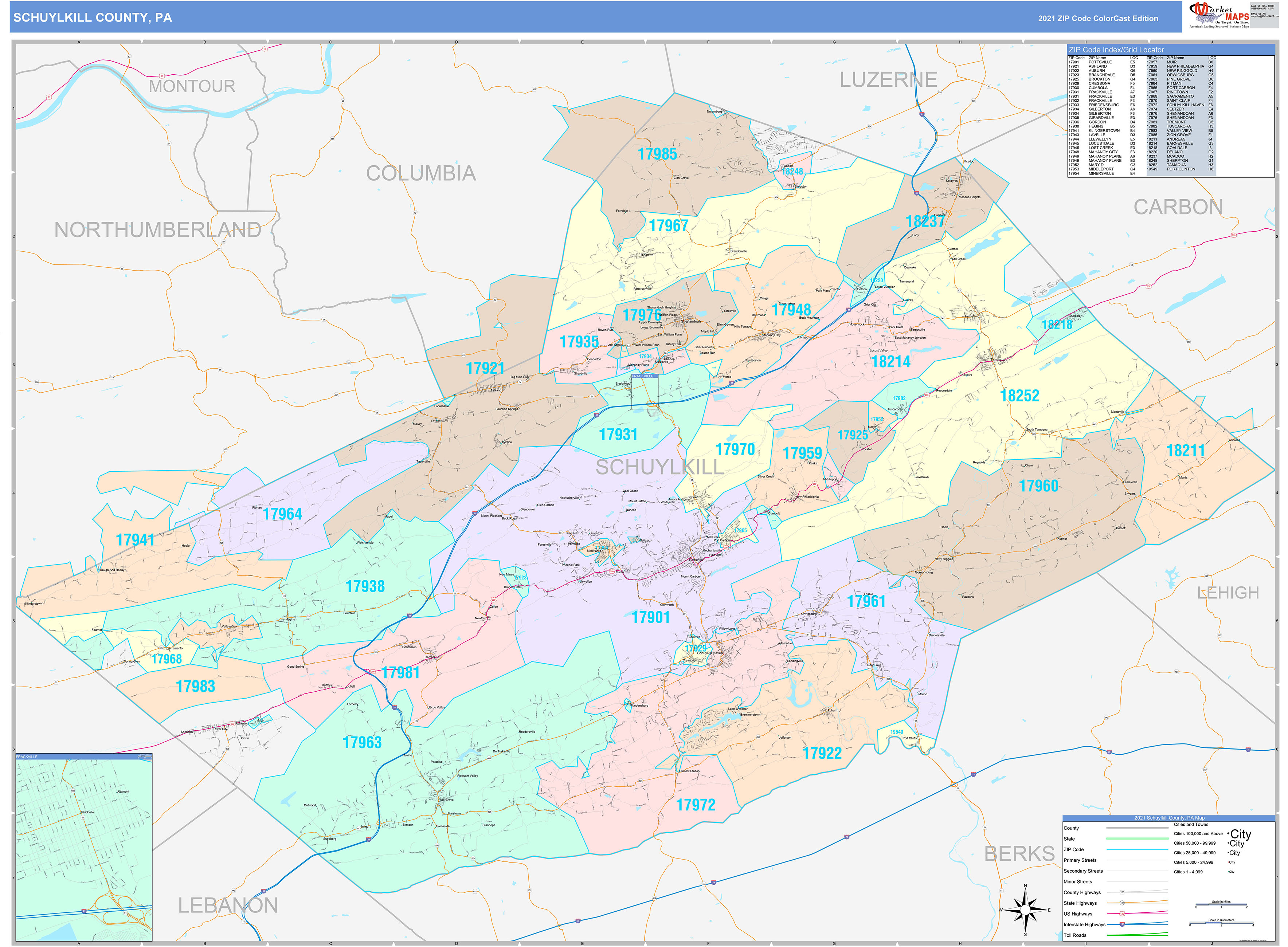 Schuylkill County, PA Wall Map Color Cast Style by MarketMAPS MapSales