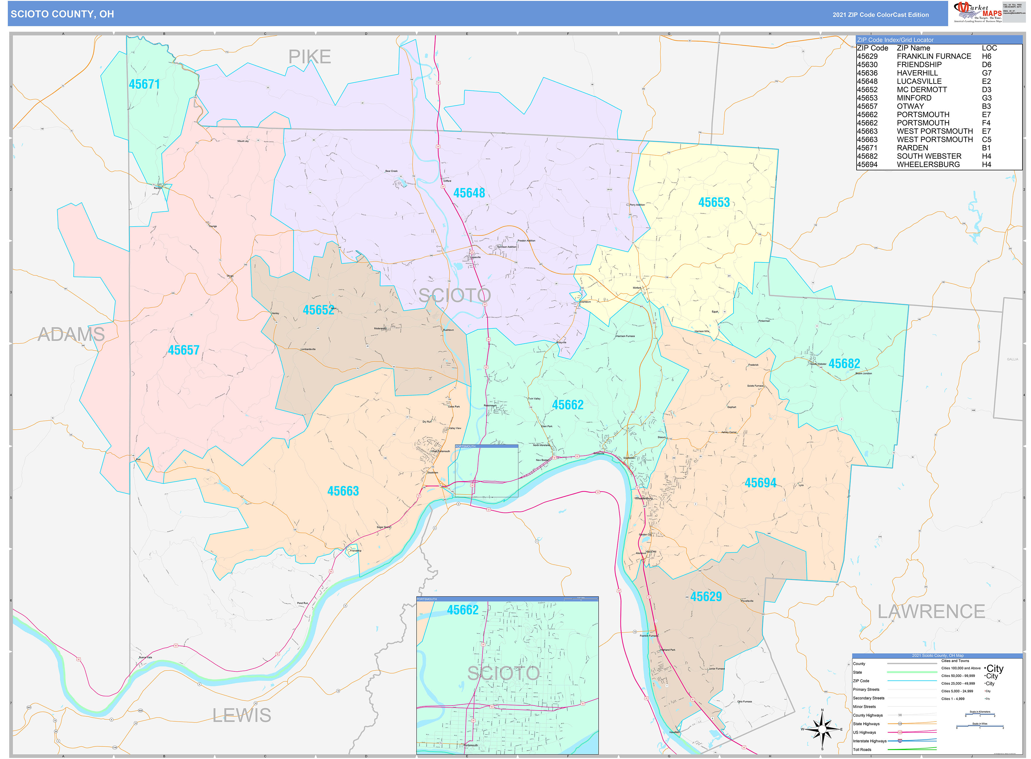 Scioto County, OH Wall Map Color Cast Style by MarketMAPS MapSales