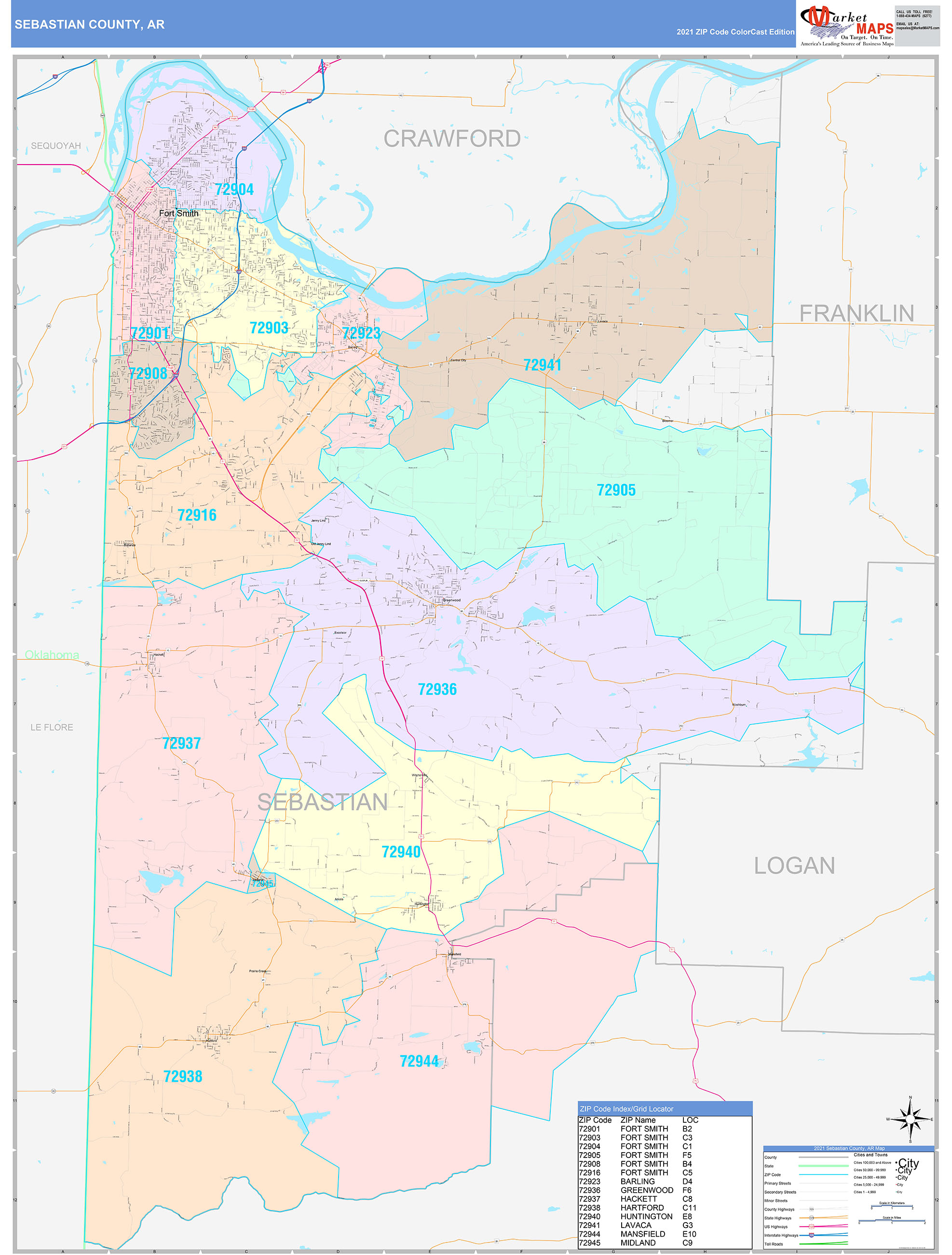 Sebastian County, AR Wall Map Color Cast Style by MarketMAPS - MapSales.com