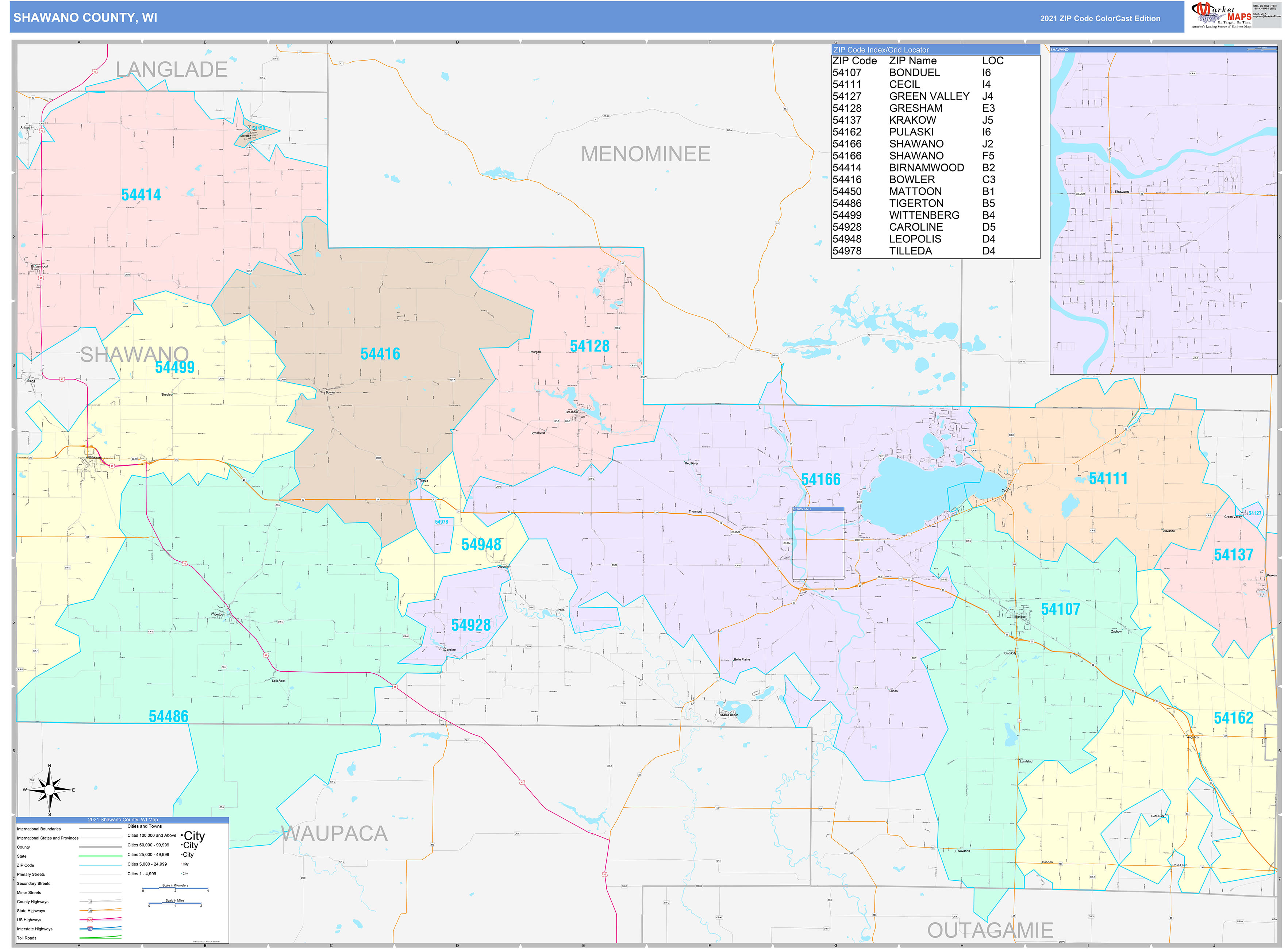 Shawano County Wi Wall Map Color Cast Style By Marketmaps