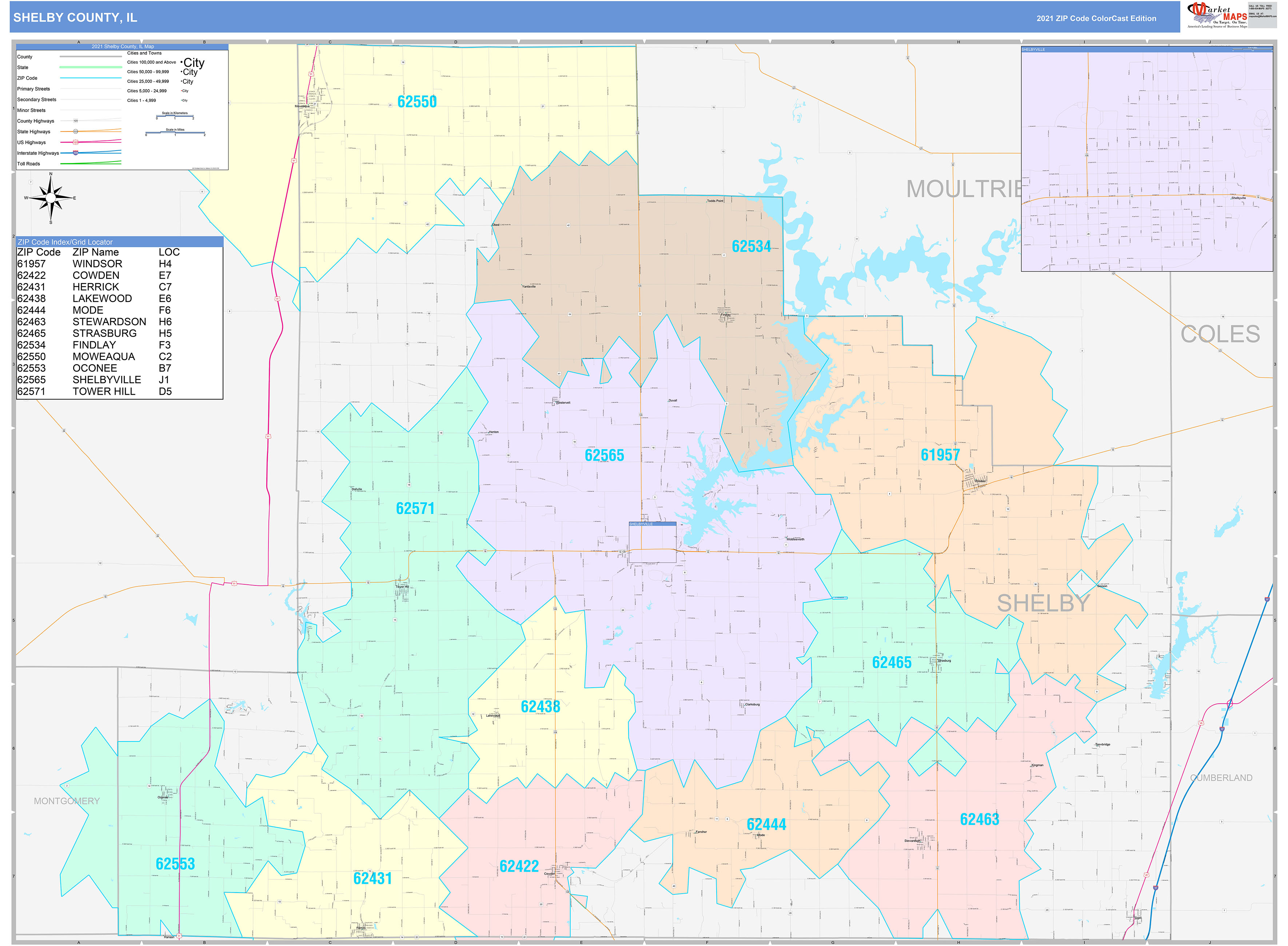 Shelby County, IL Wall Map Color Cast Style by MarketMAPS - MapSales.com