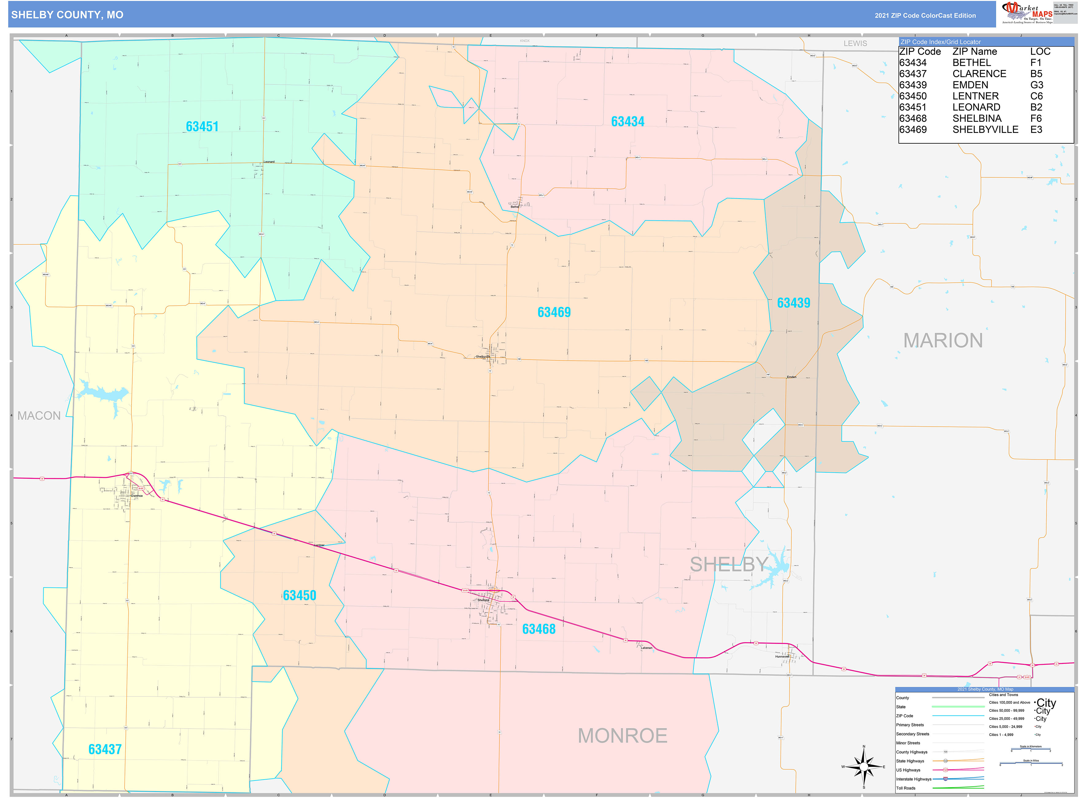 Shelby County, MO Wall Map Color Cast Style by MarketMAPS - MapSales.com