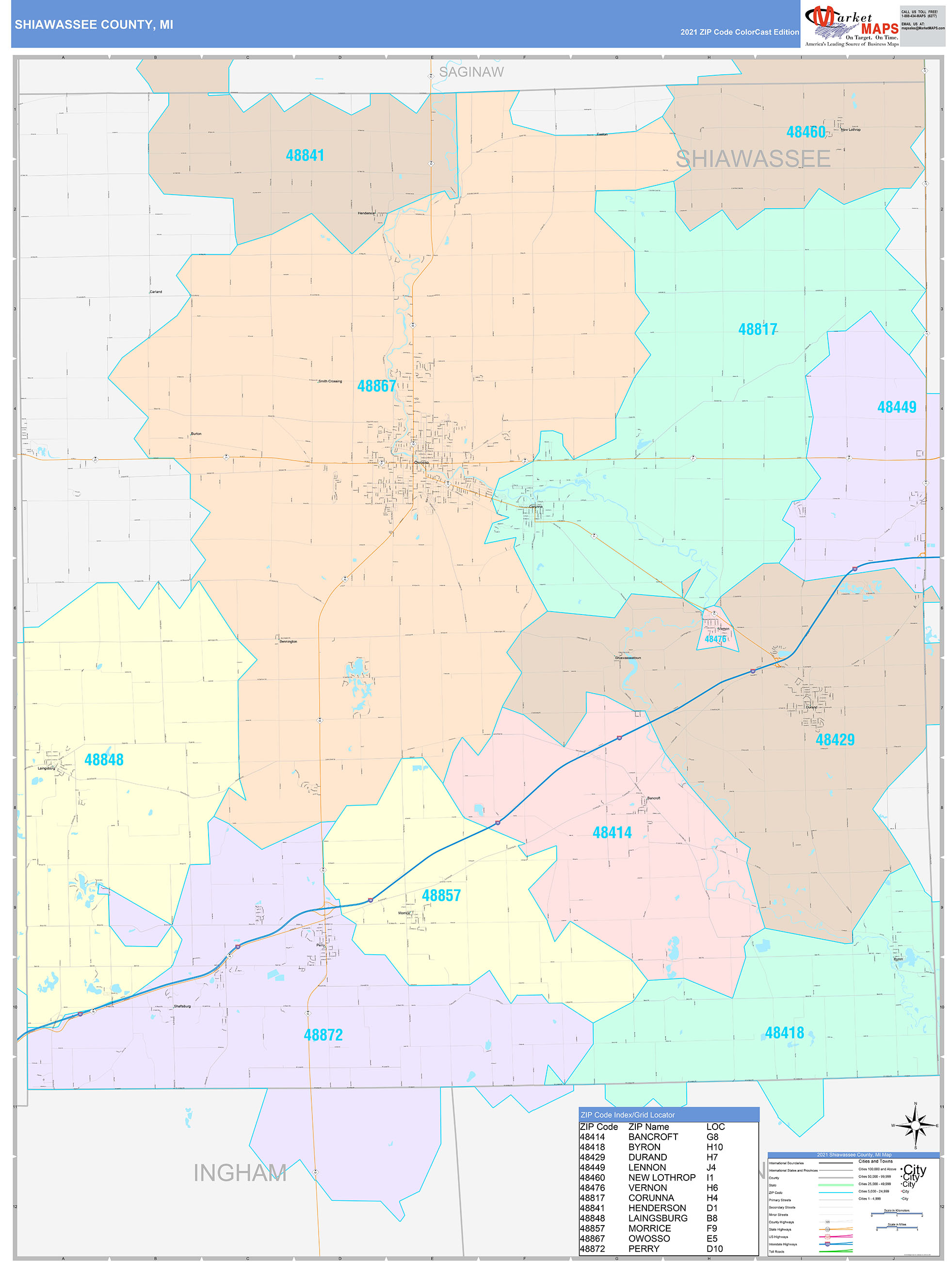 Shiawassee County, MI Wall Map Color Cast Style by MarketMAPS MapSales