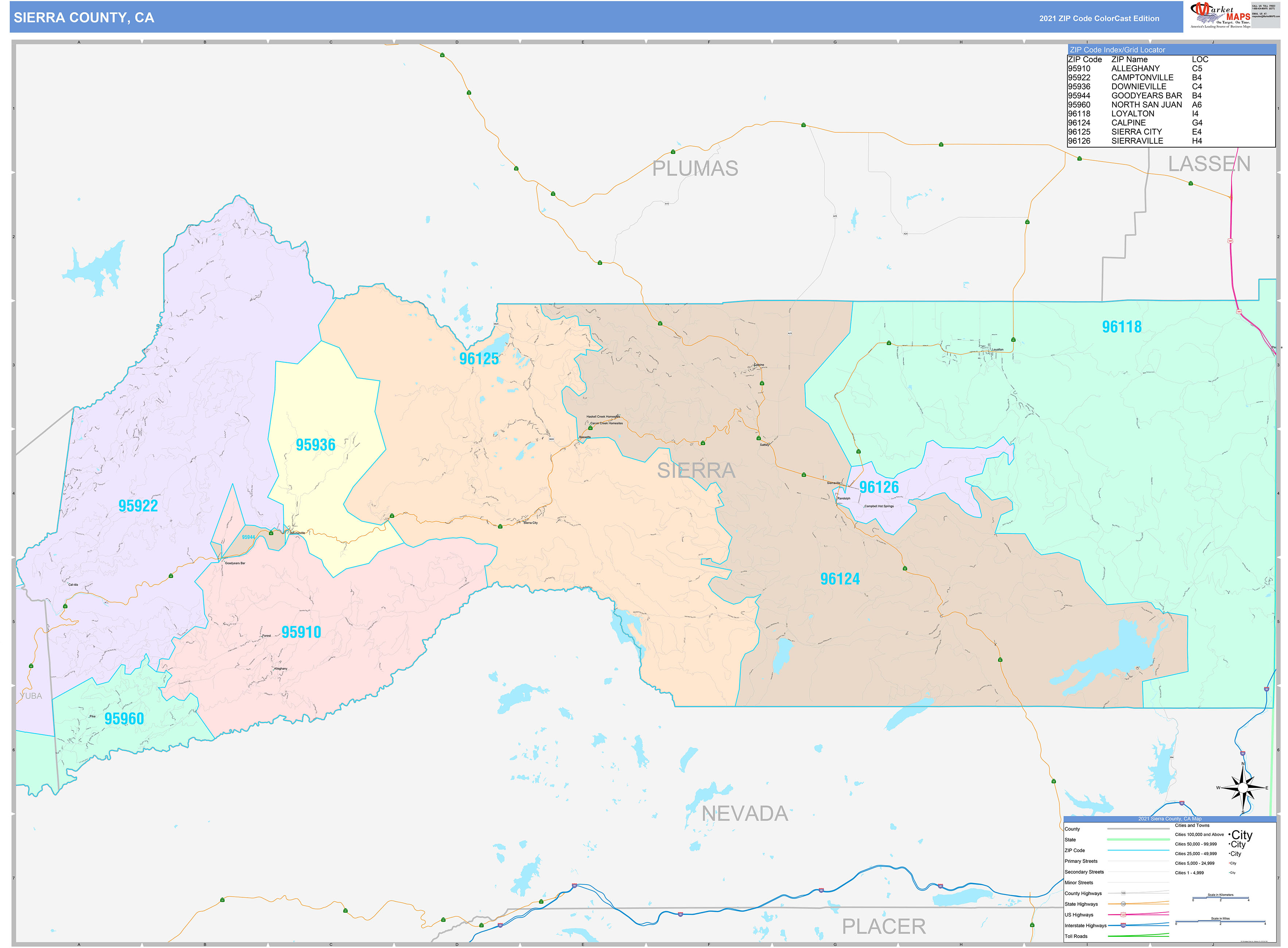 Sierra County, CA Wall Map Color Cast Style by MarketMAPS - MapSales.com