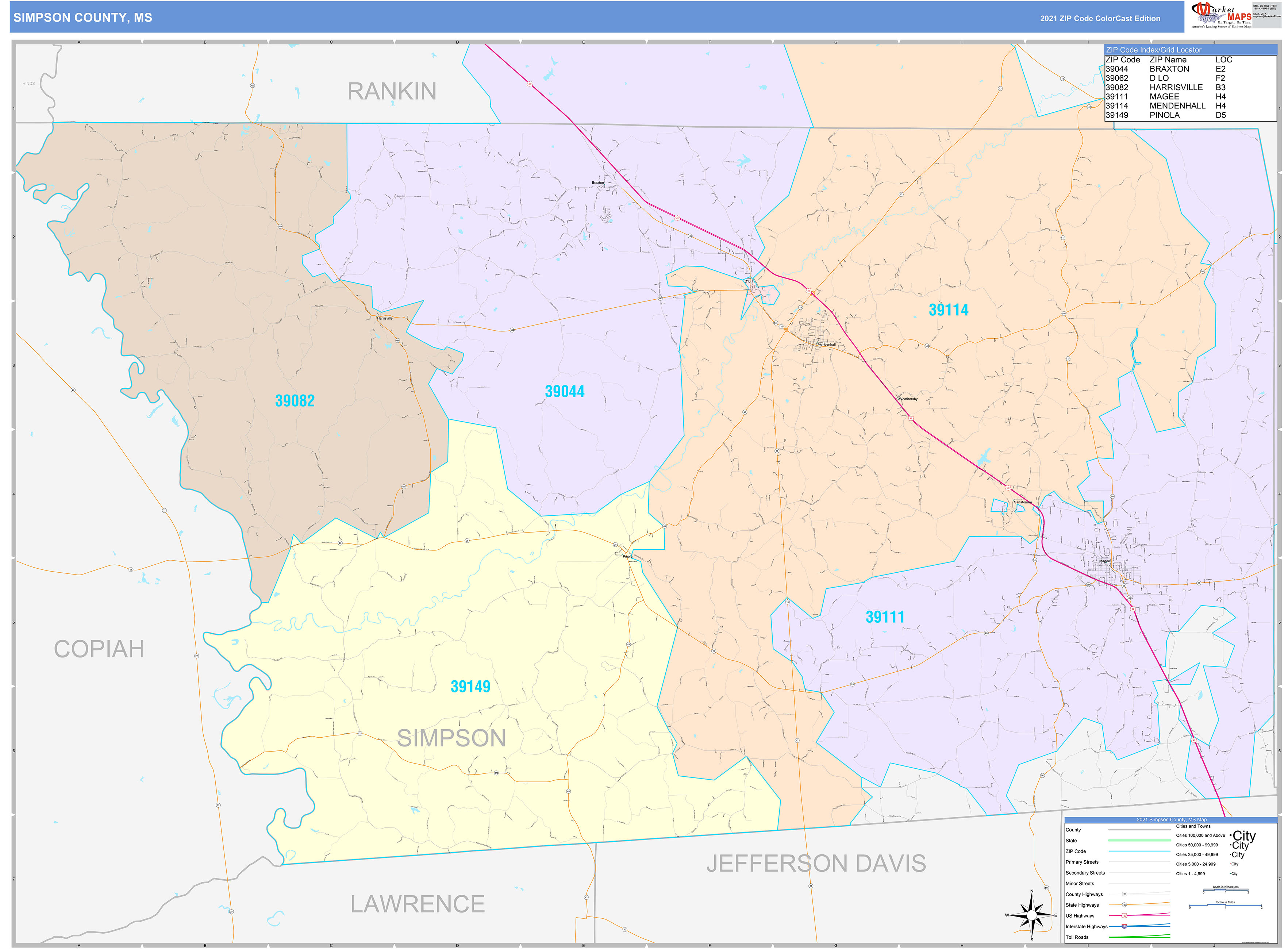 Simpson County, MS Wall Map Color Cast Style by MarketMAPS - MapSales.com