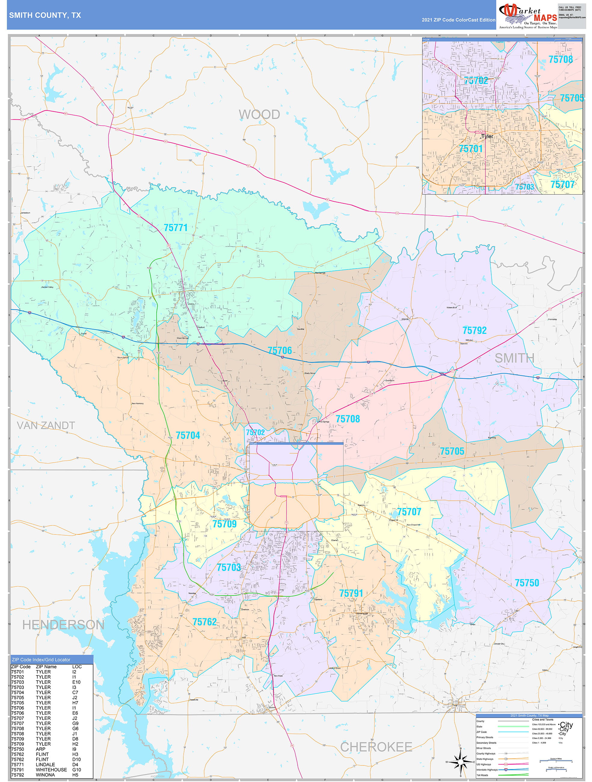 Smith County, TX Wall Map Color Cast Style by MarketMAPS - MapSales.com