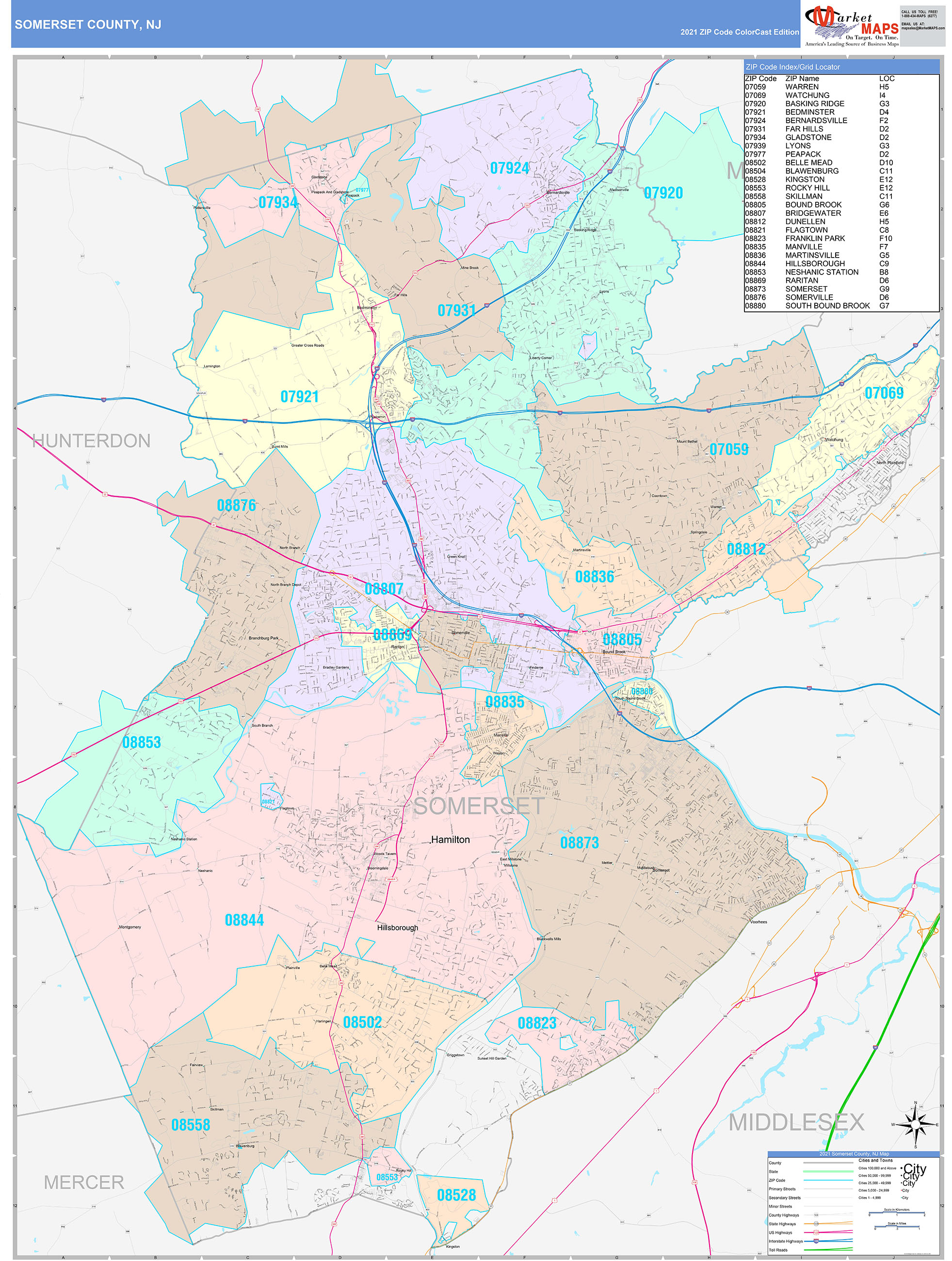 Somerset County, NJ Wall Map Color Cast Style by MarketMAPS - MapSales.com